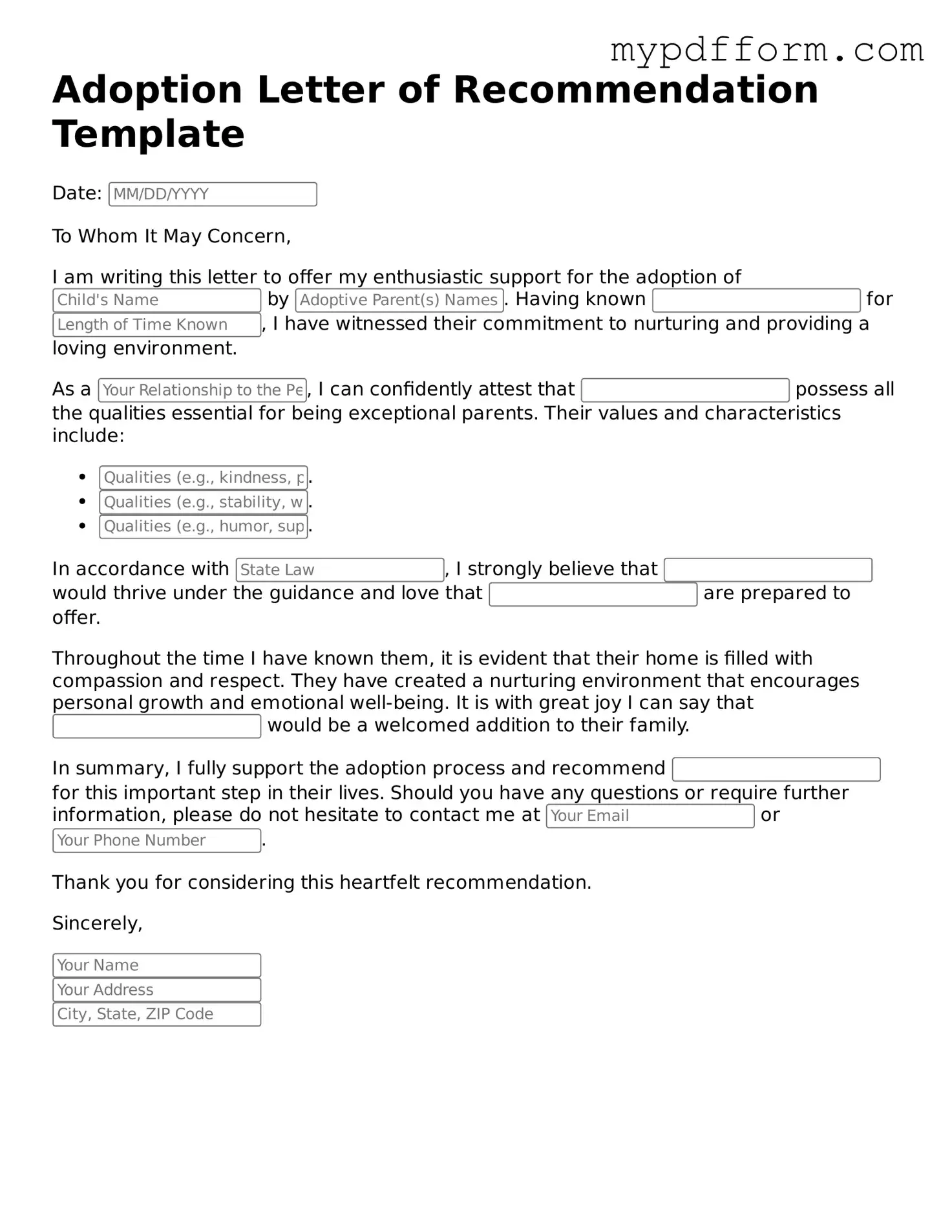 Fillable Adoption Letter of Recommendation Document