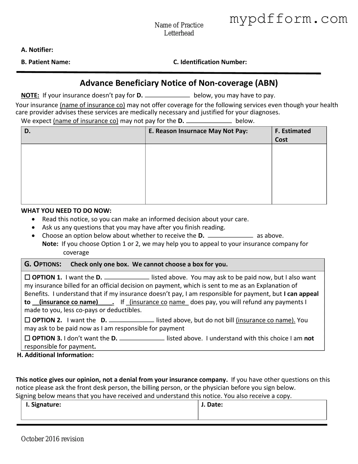 Fill in Your Advance Beneficiary Notice of Non-coverage Form