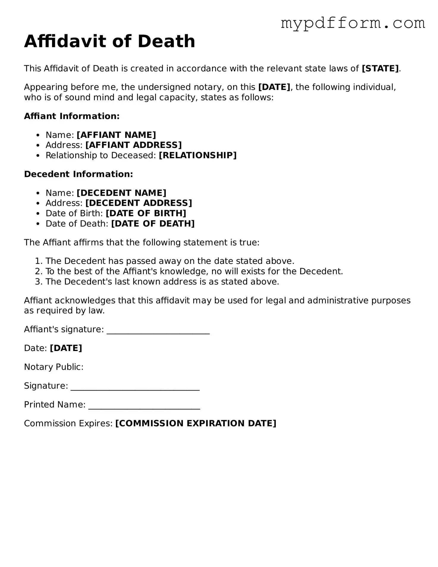 Fillable Affidavit of Death Document