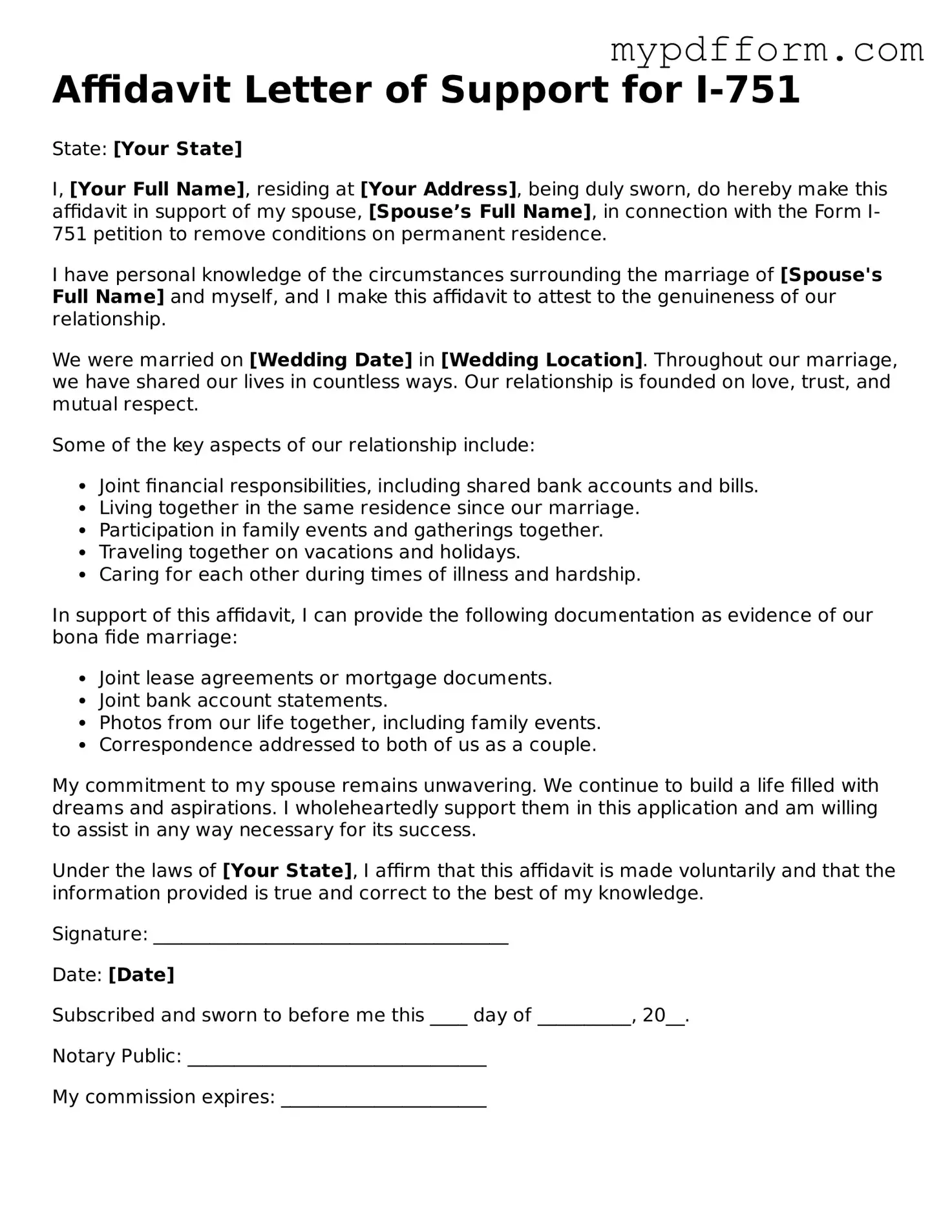 Fillable Affidavit Letter of Support for I-751 Document