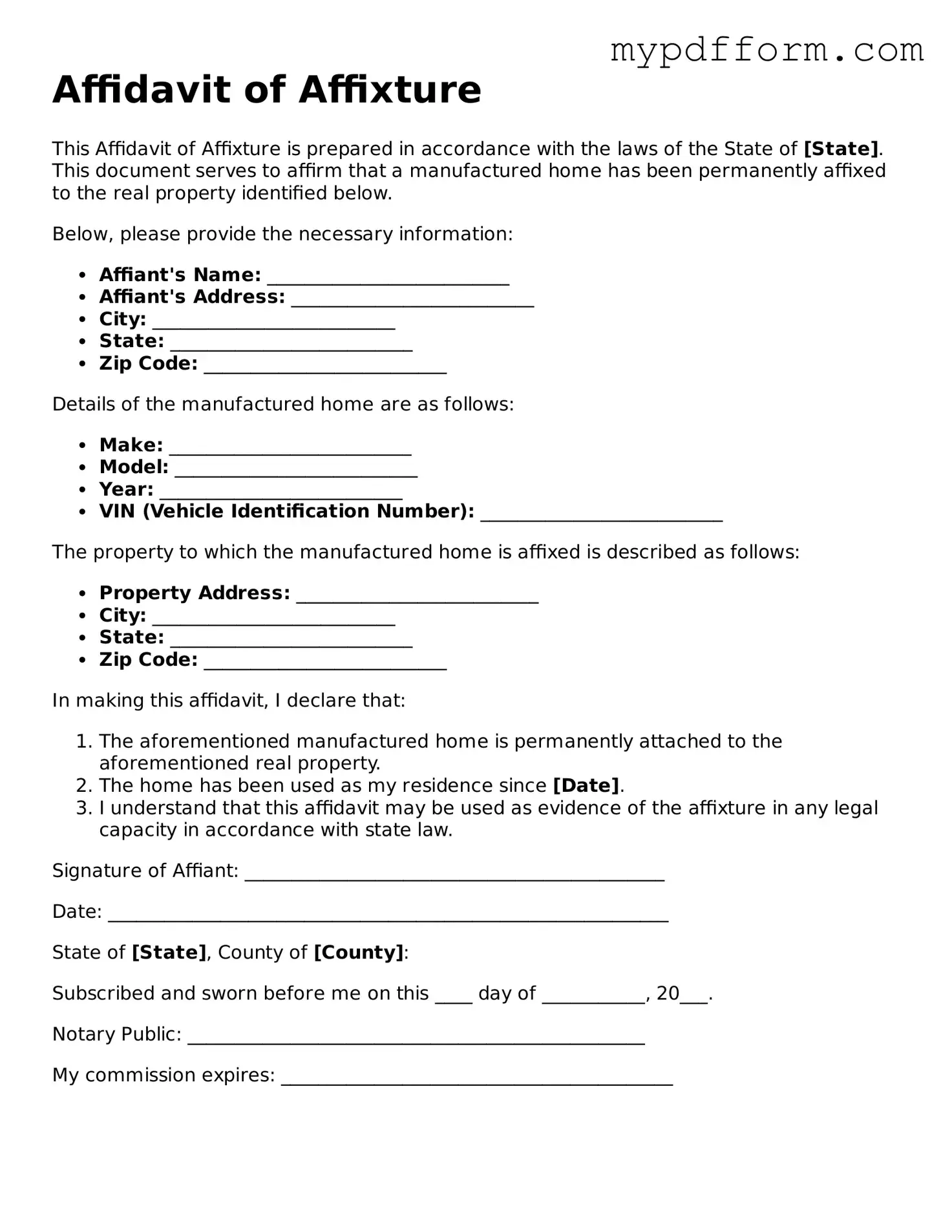 Fillable Affidavit of Affixture Document