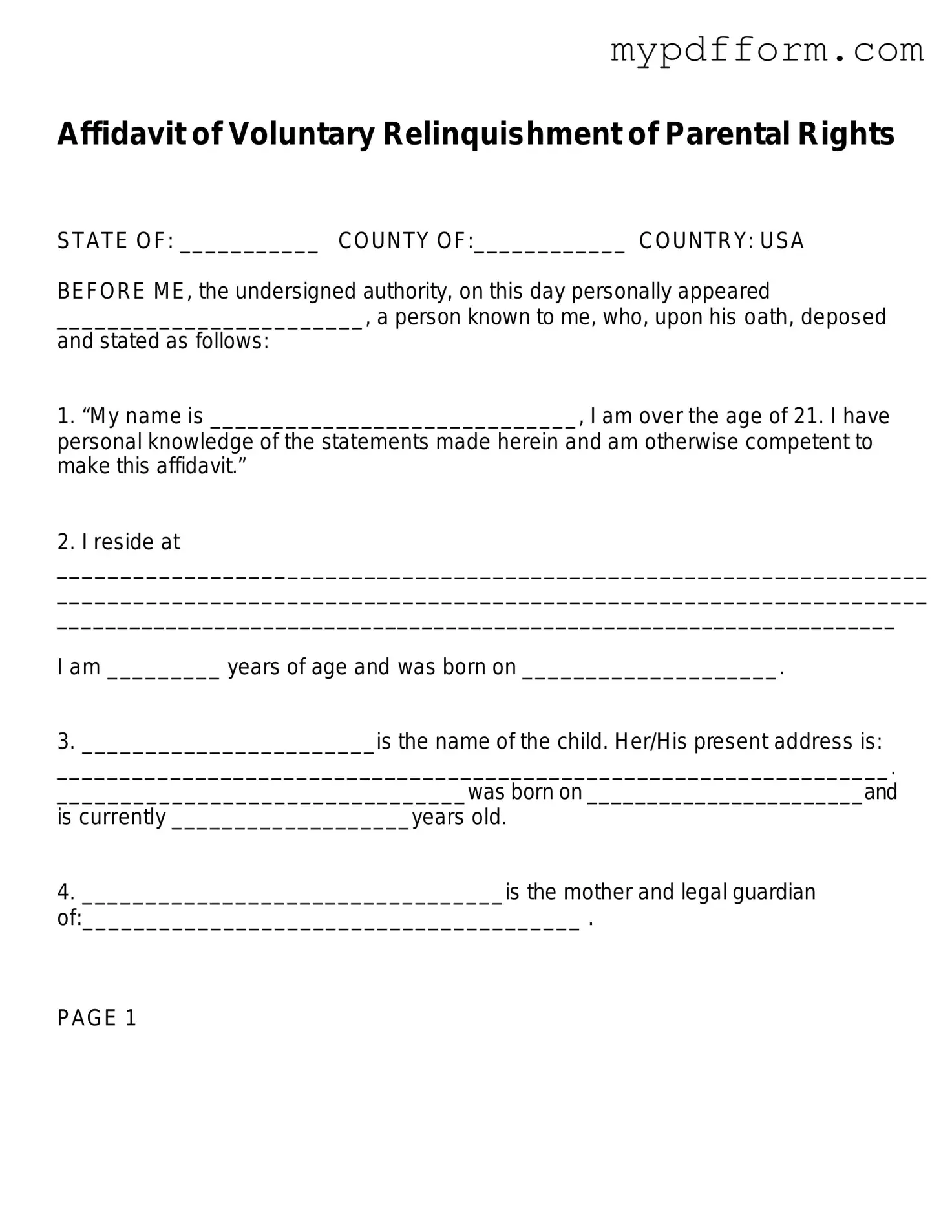 Fill in Your Affidavit Parental Rights Form