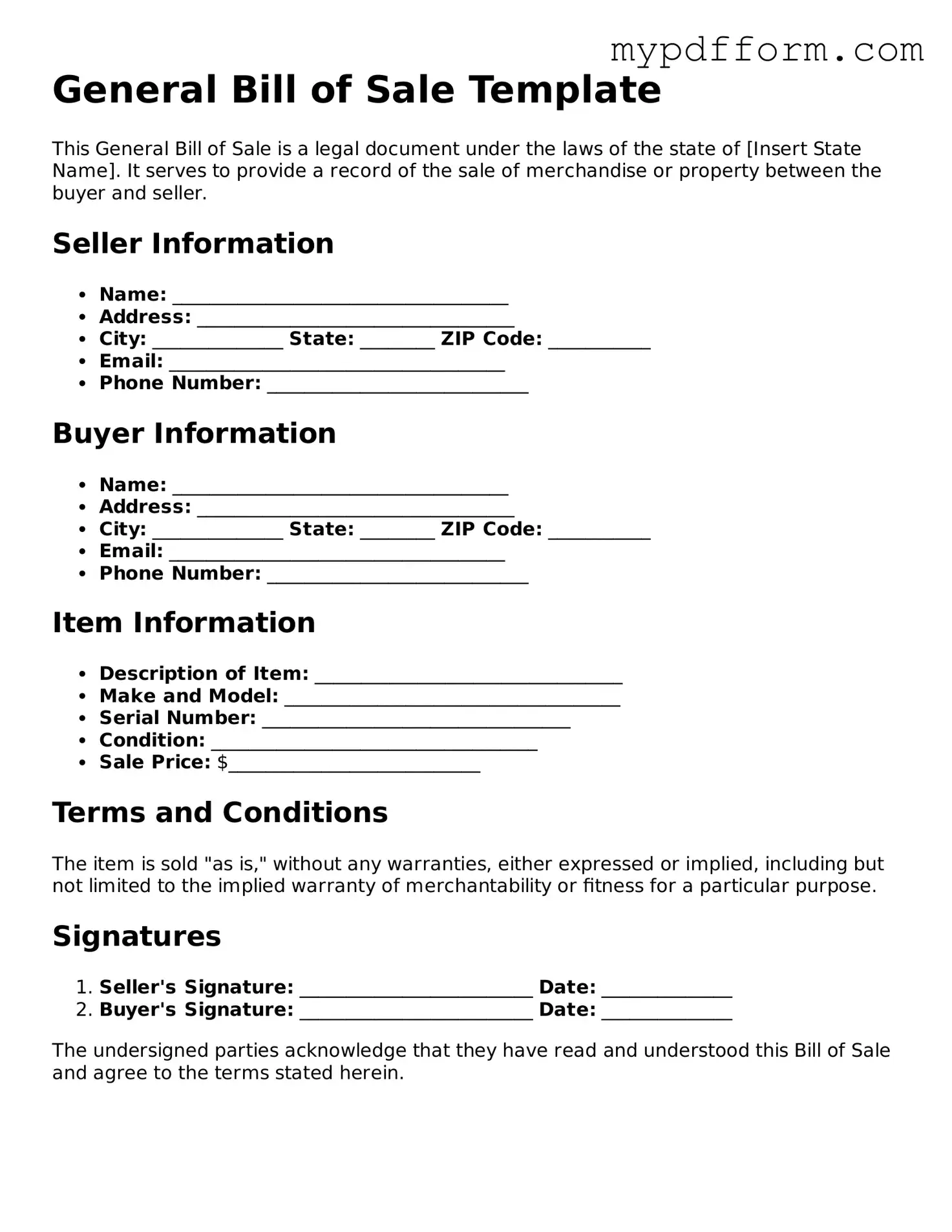Fillable General Bill of Sale Document