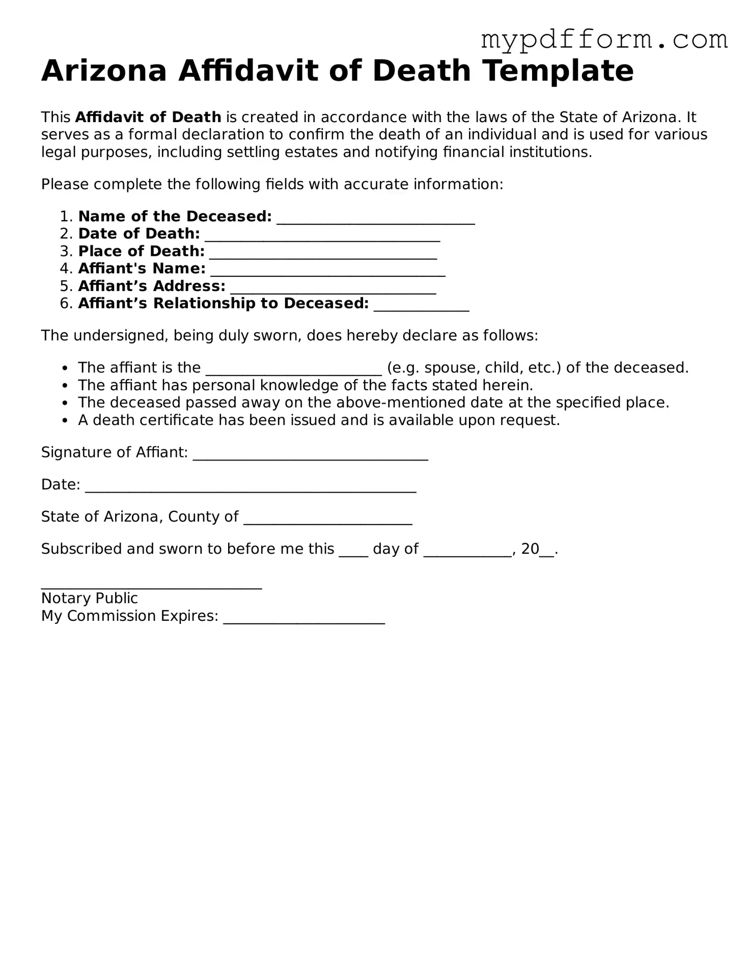 Valid  Affidavit of Death Template for Arizona