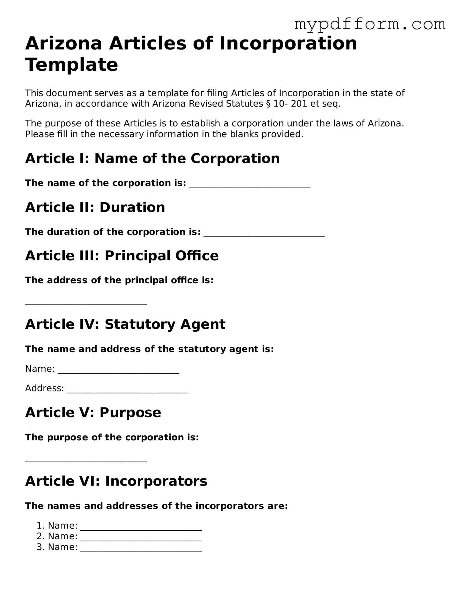 Valid  Articles of Incorporation Template for Arizona