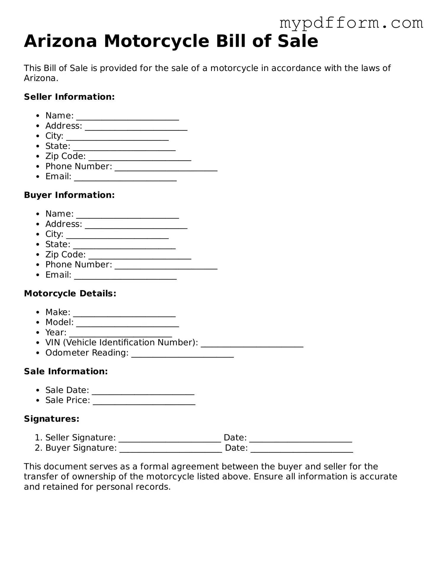 Valid  Motorcycle Bill of Sale Template for Arizona