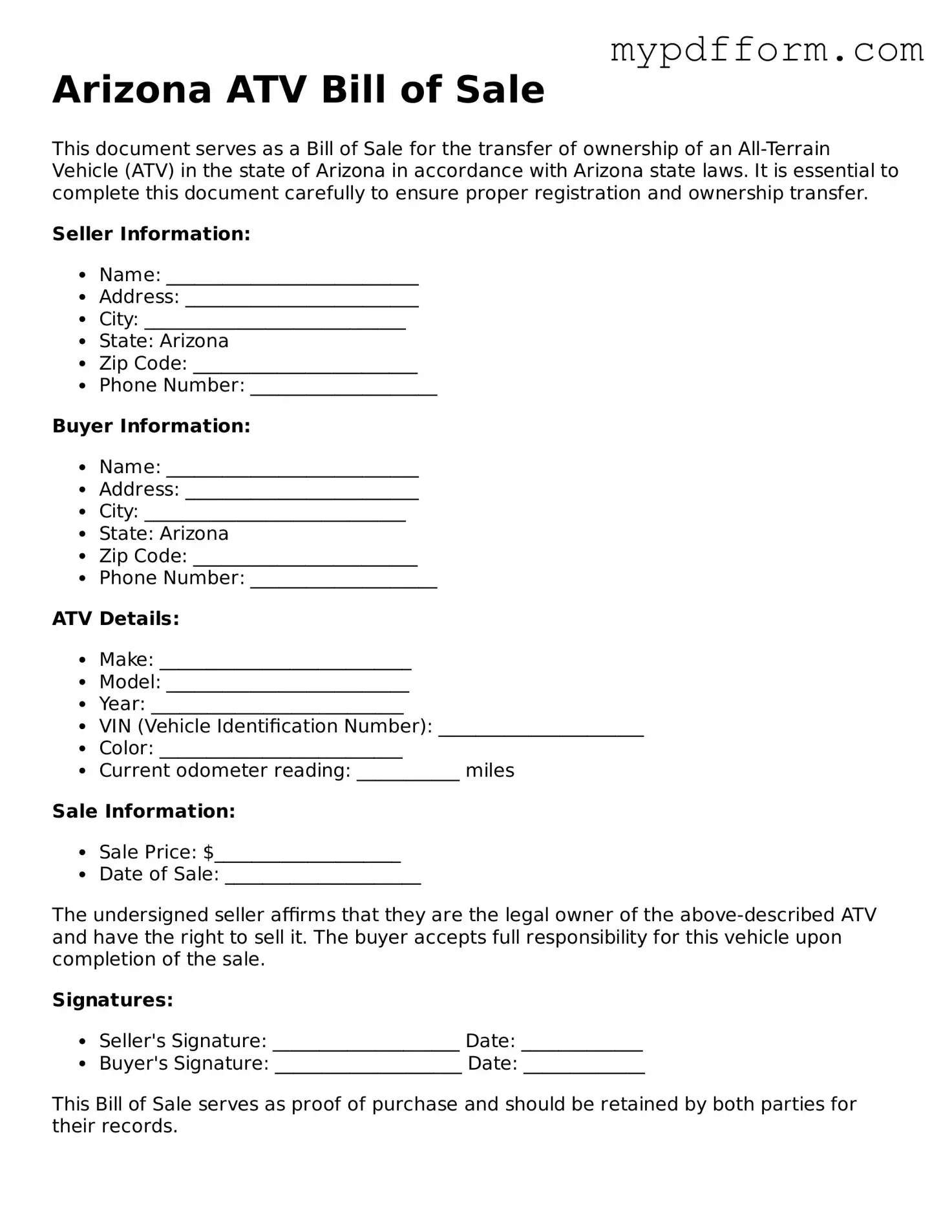 Valid  ATV Bill of Sale Template for Arizona