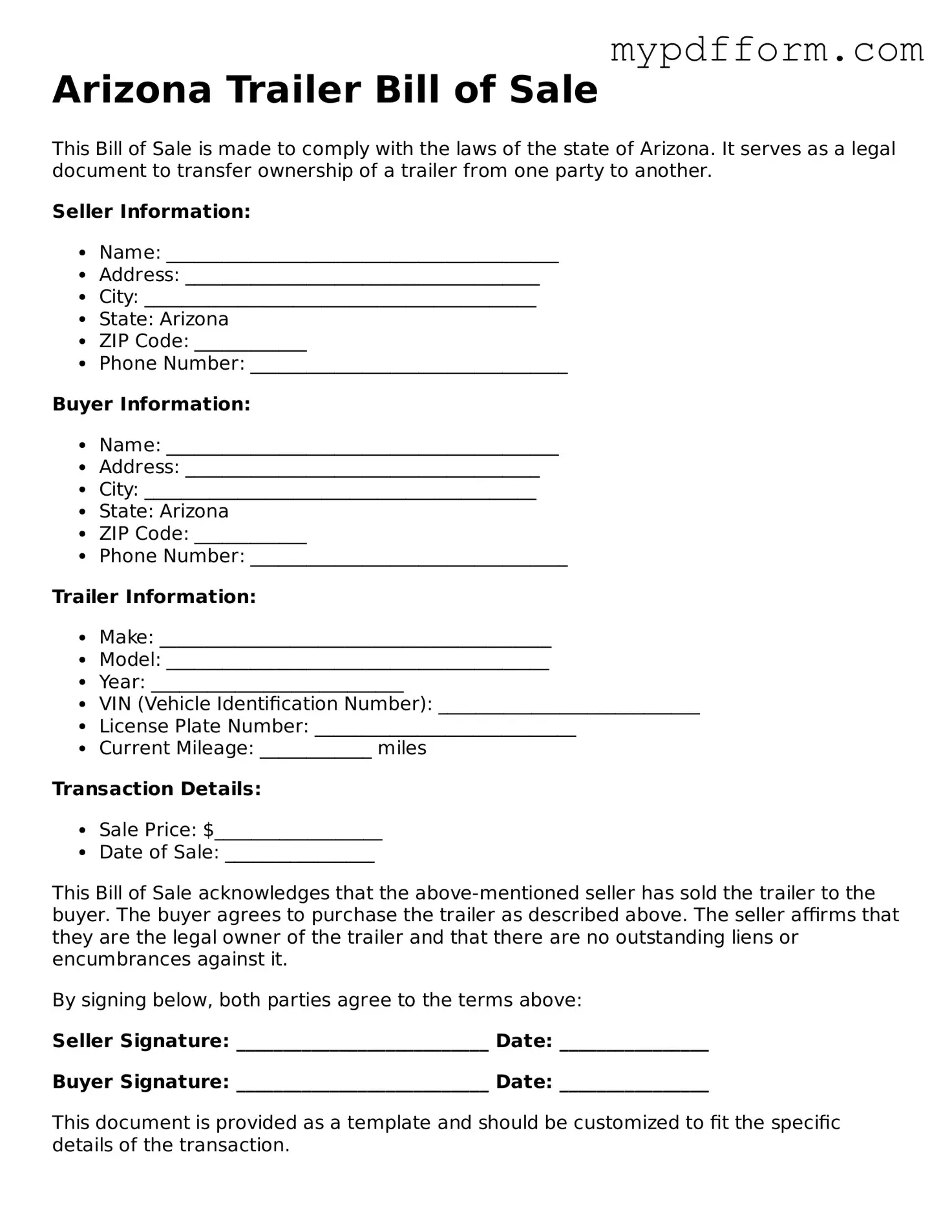 Valid  Trailer Bill of Sale Template for Arizona
