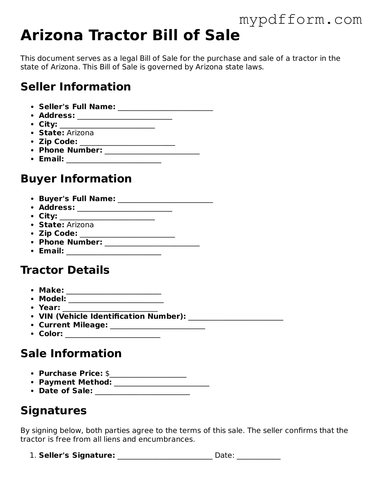 Valid  Tractor Bill of Sale Template for Arizona