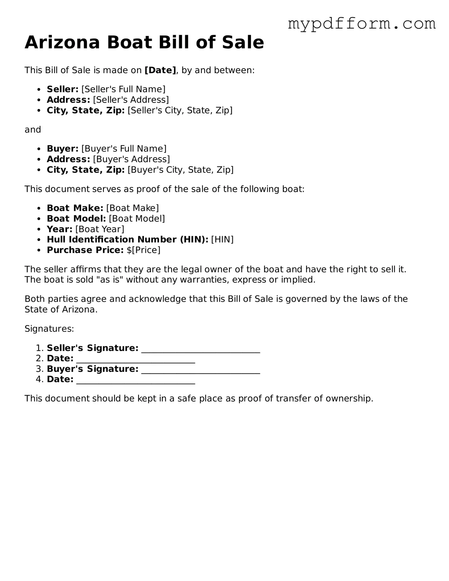Valid  Boat Bill of Sale Template for Arizona
