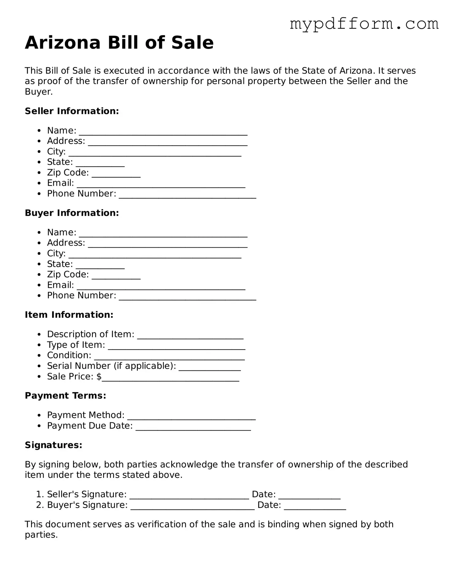 Valid  Bill of Sale Template for Arizona