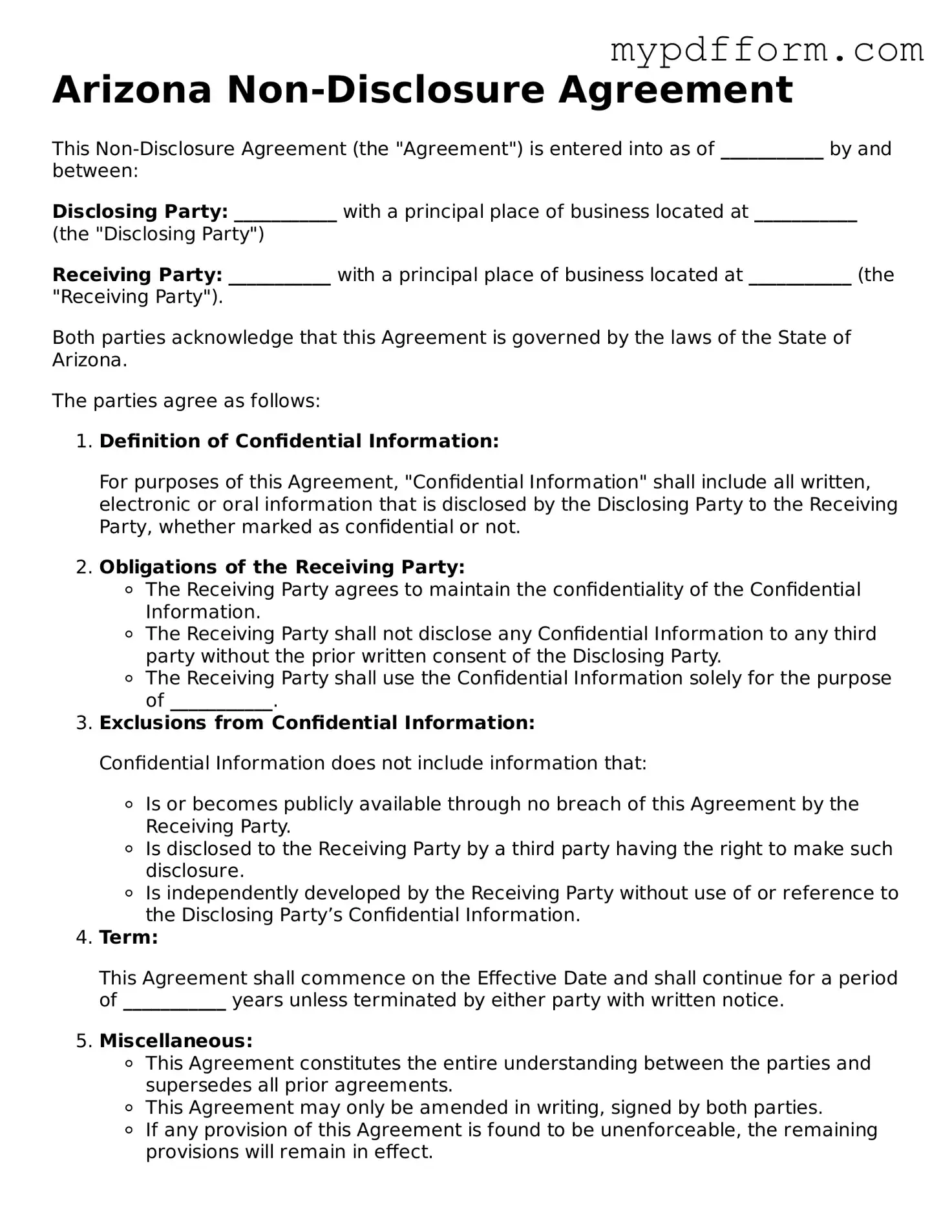 Valid  Non-disclosure Agreement Template for Arizona