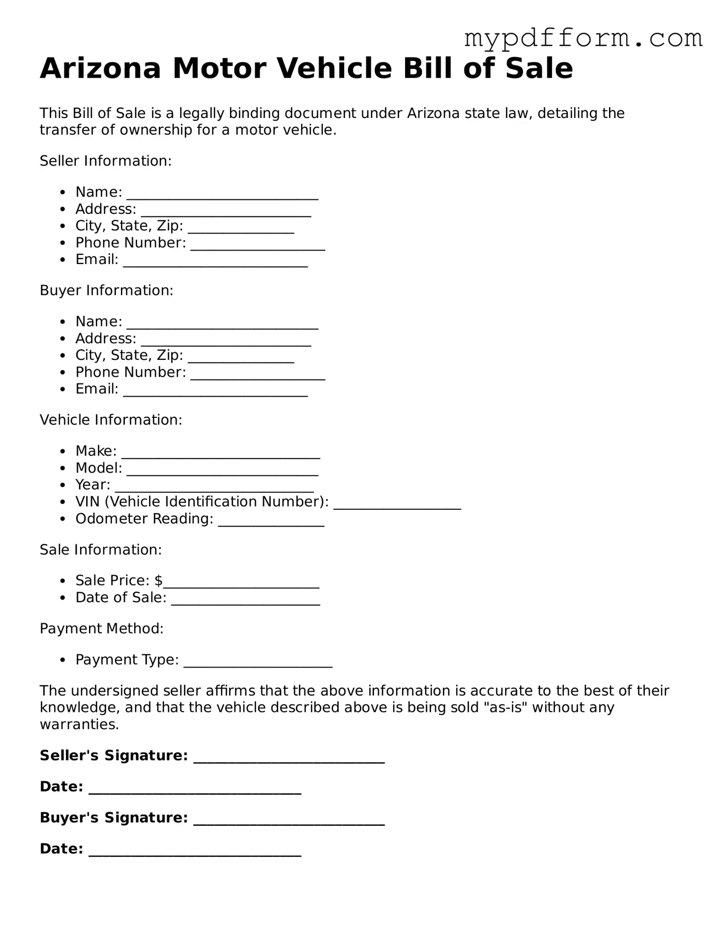 Valid  Motor Vehicle Bill of Sale Template for Arizona