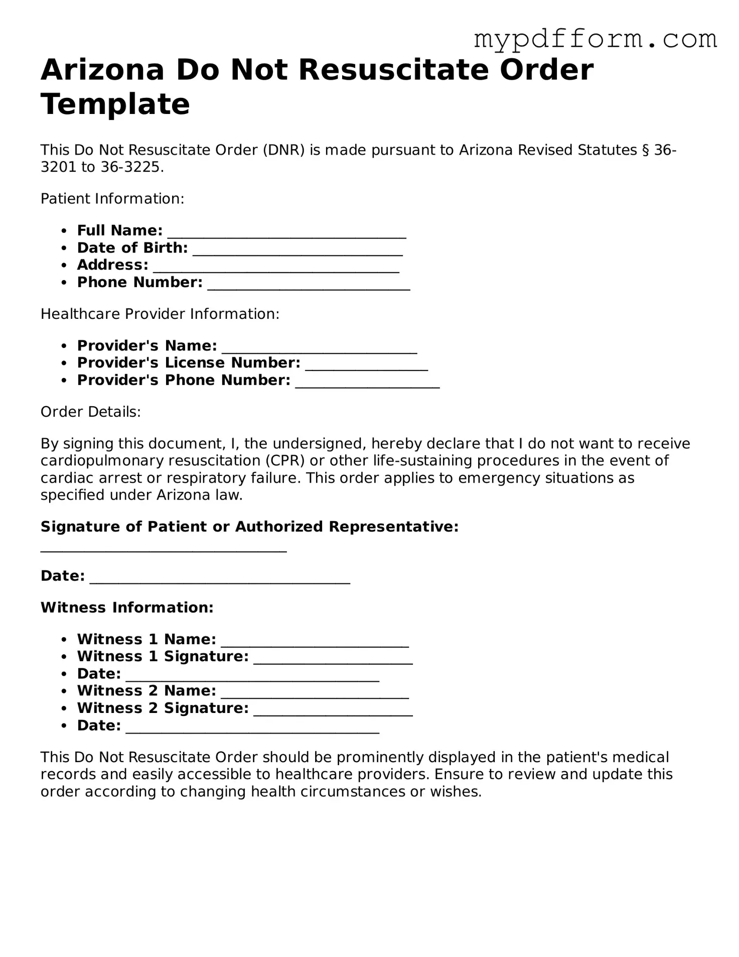 Valid  Do Not Resuscitate Order Template for Arizona