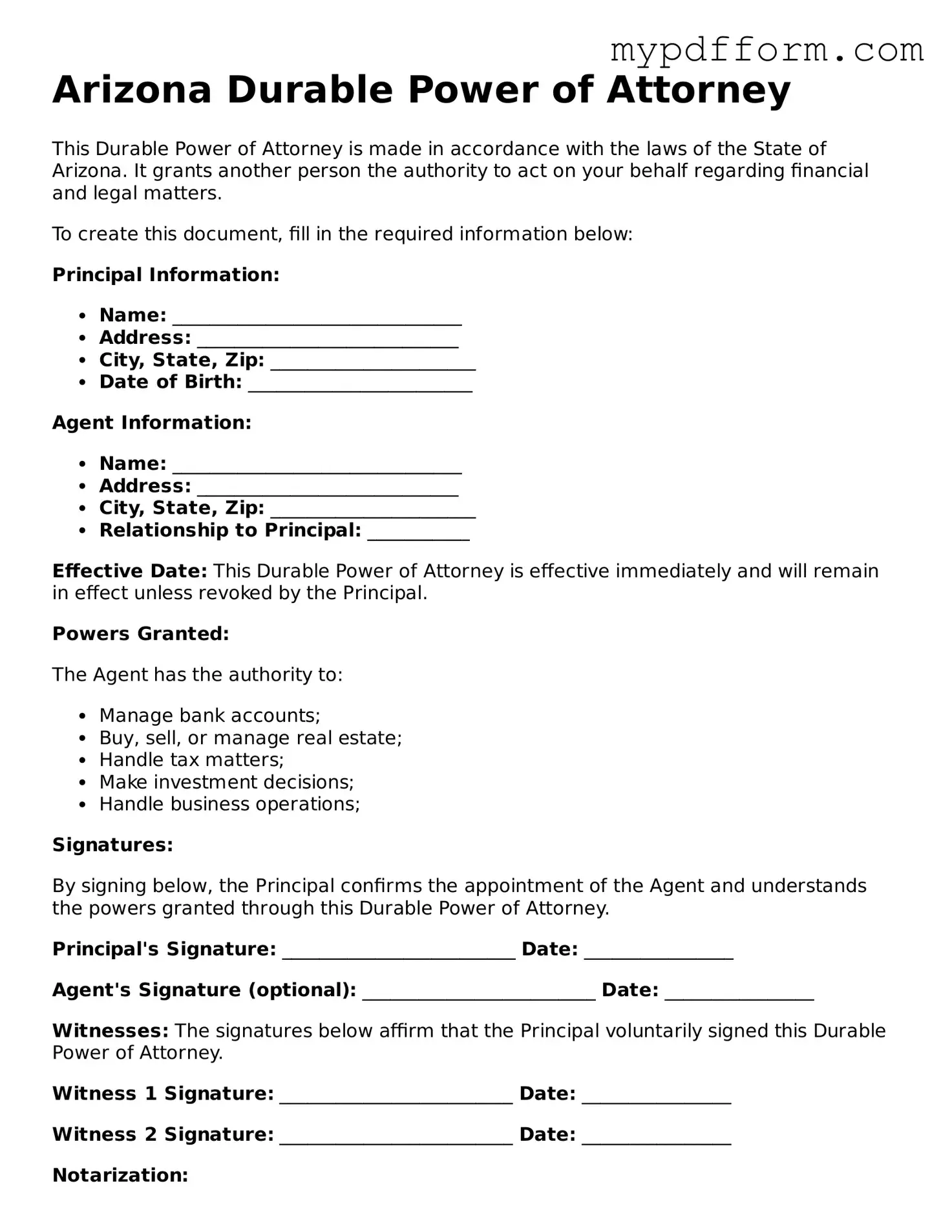 Valid  Durable Power of Attorney Template for Arizona