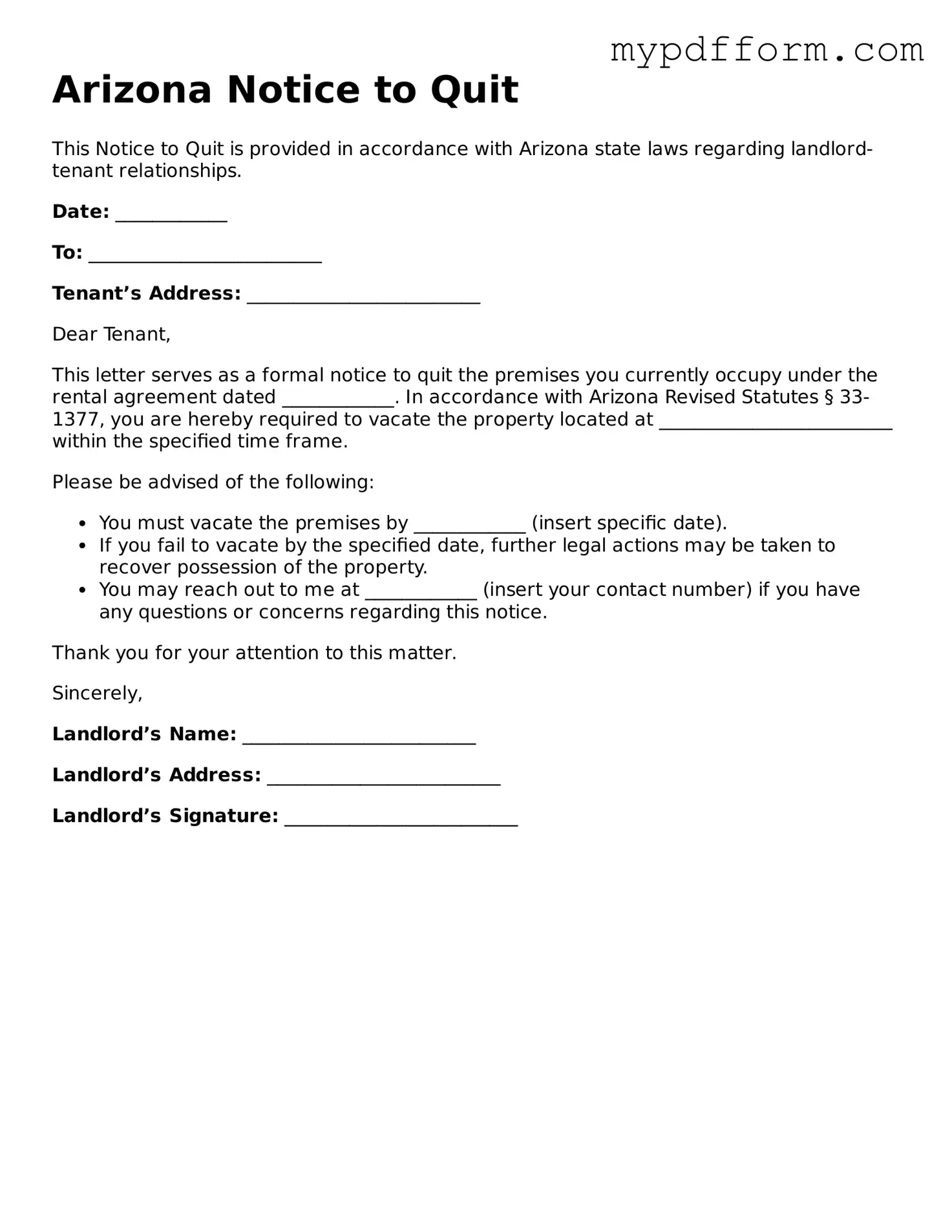 Valid  Notice to Quit Template for Arizona