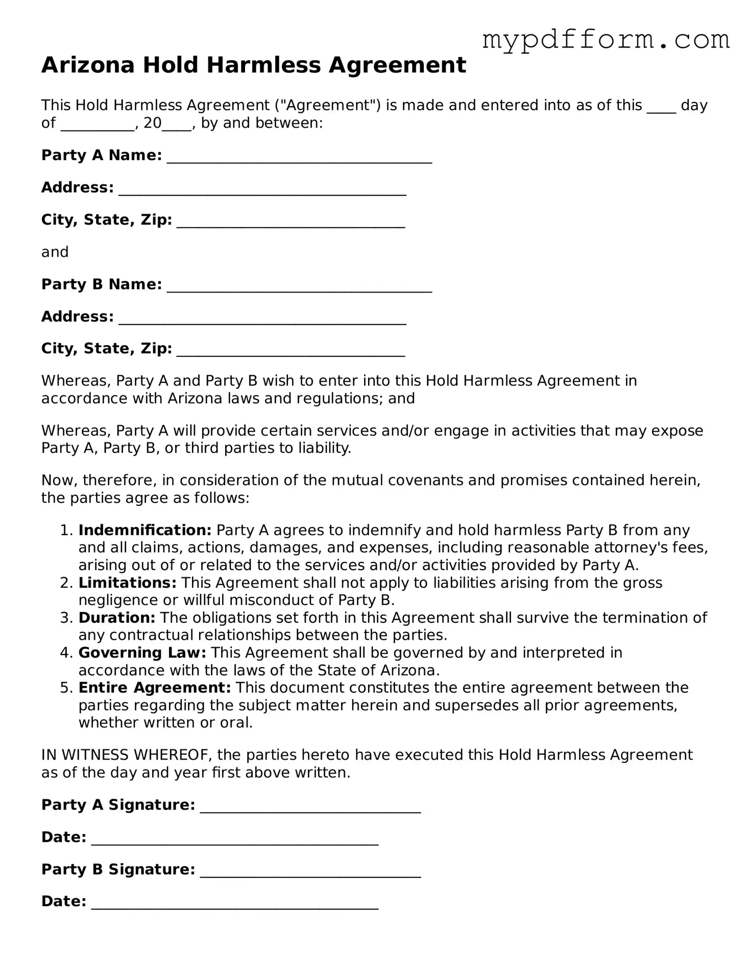 Valid  Hold Harmless Agreement Template for Arizona