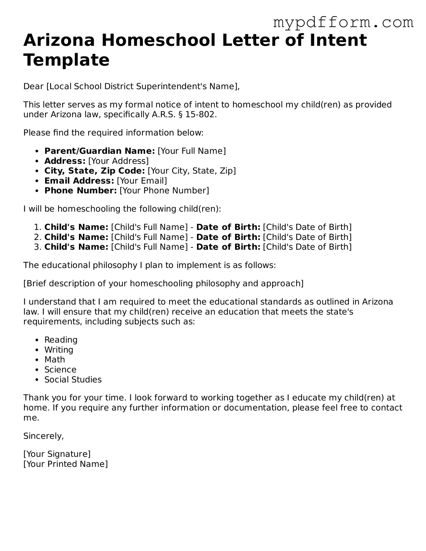 Valid  Homeschool Letter of Intent Template for Arizona