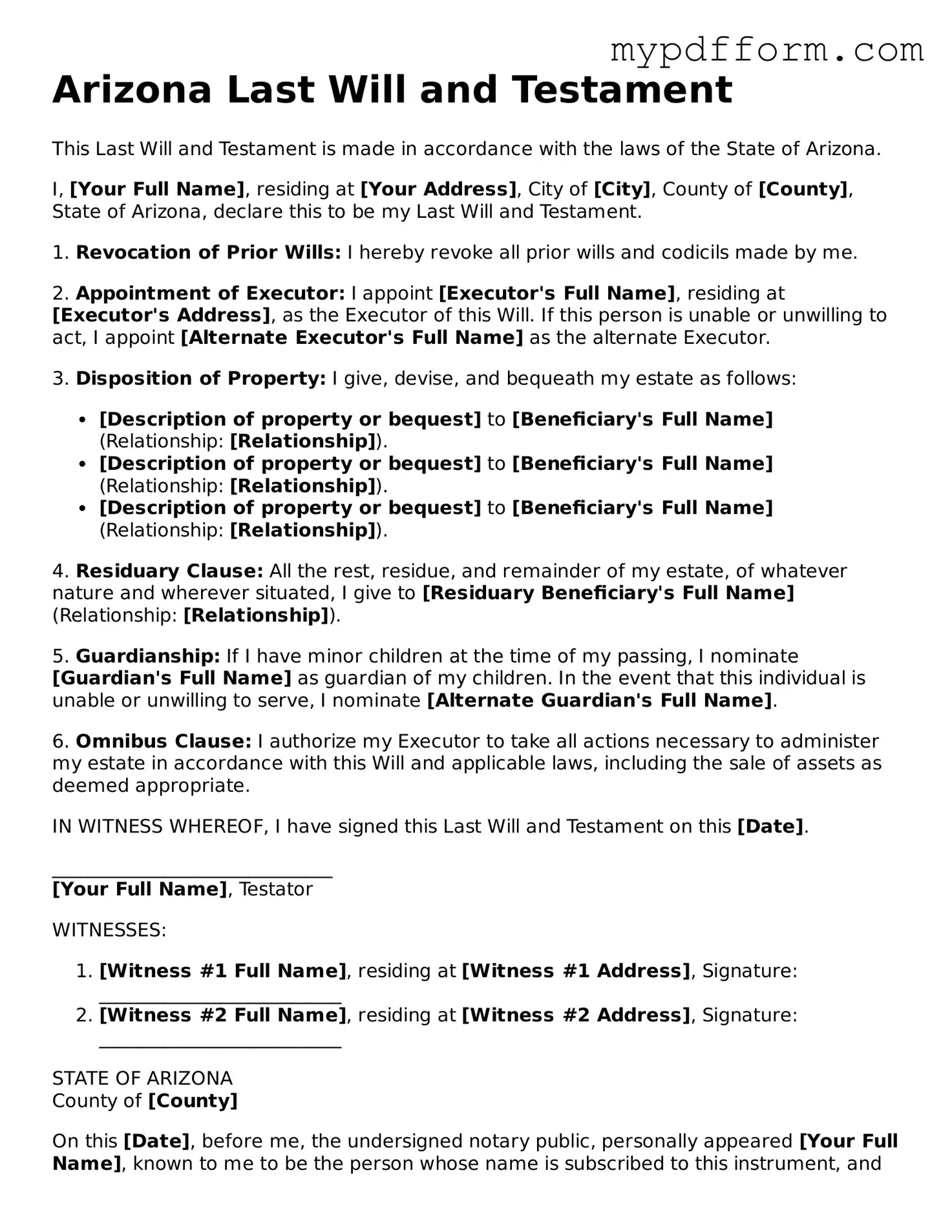 Valid  Last Will and Testament Template for Arizona