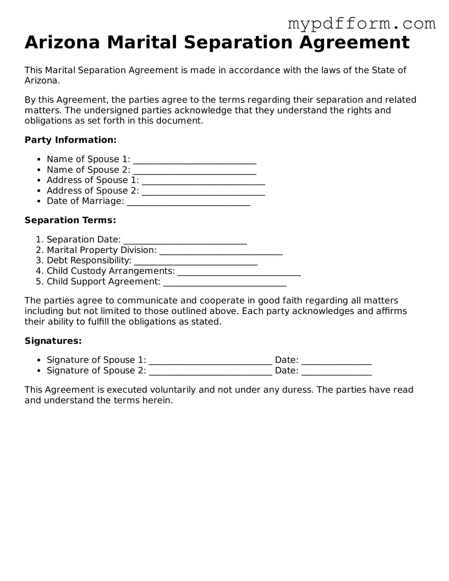 Valid  Marital Separation Agreement Template for Arizona