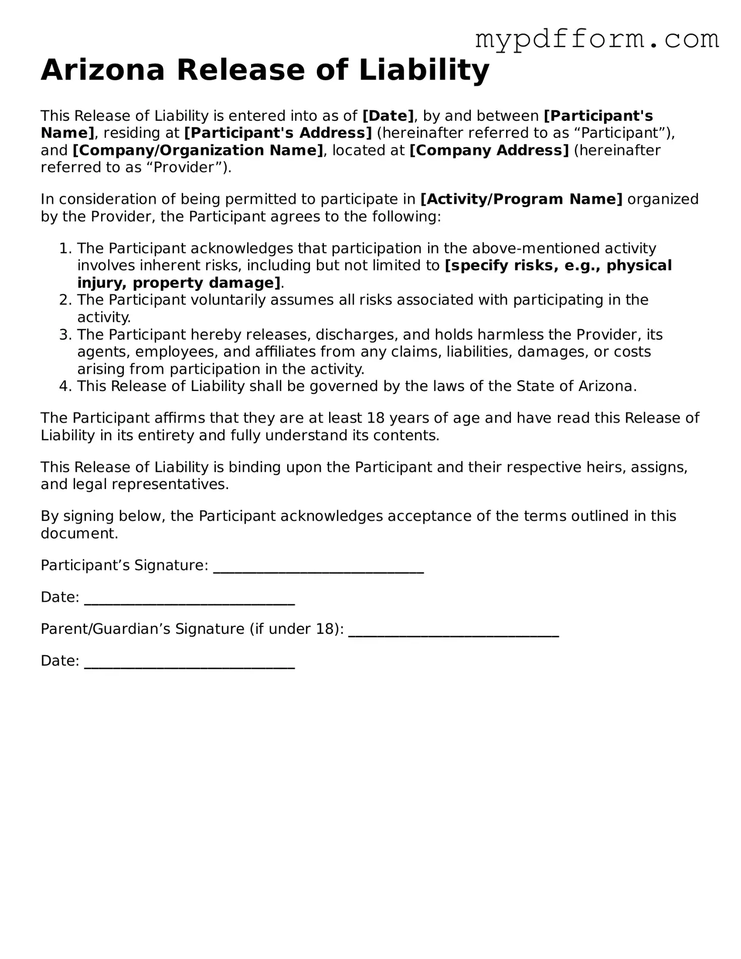 Valid  Release of Liability Template for Arizona