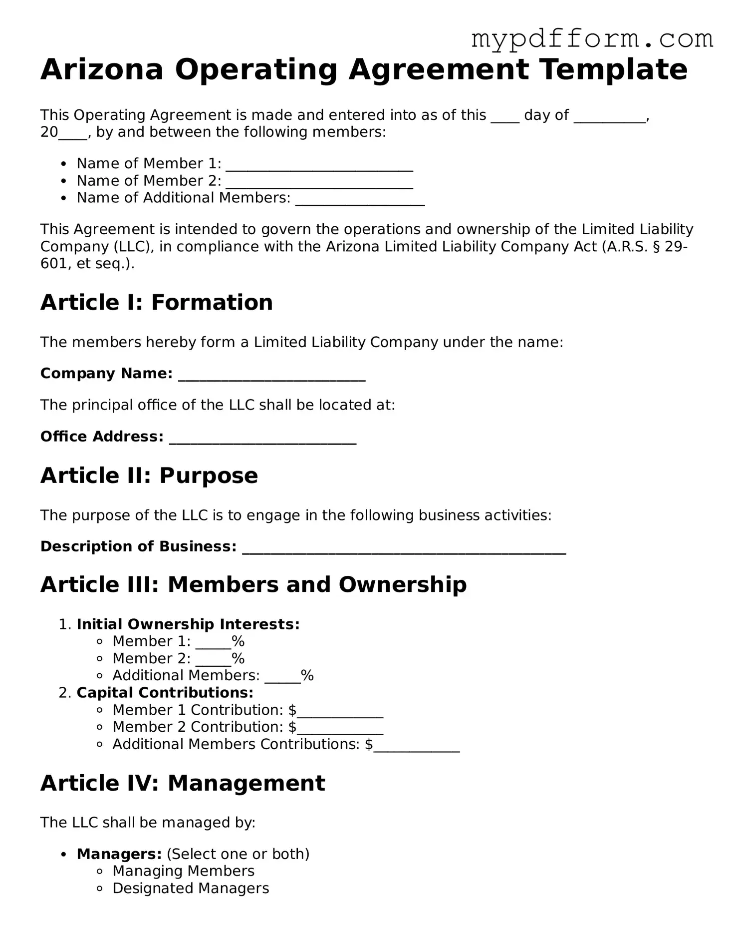 Valid  Operating Agreement Template for Arizona
