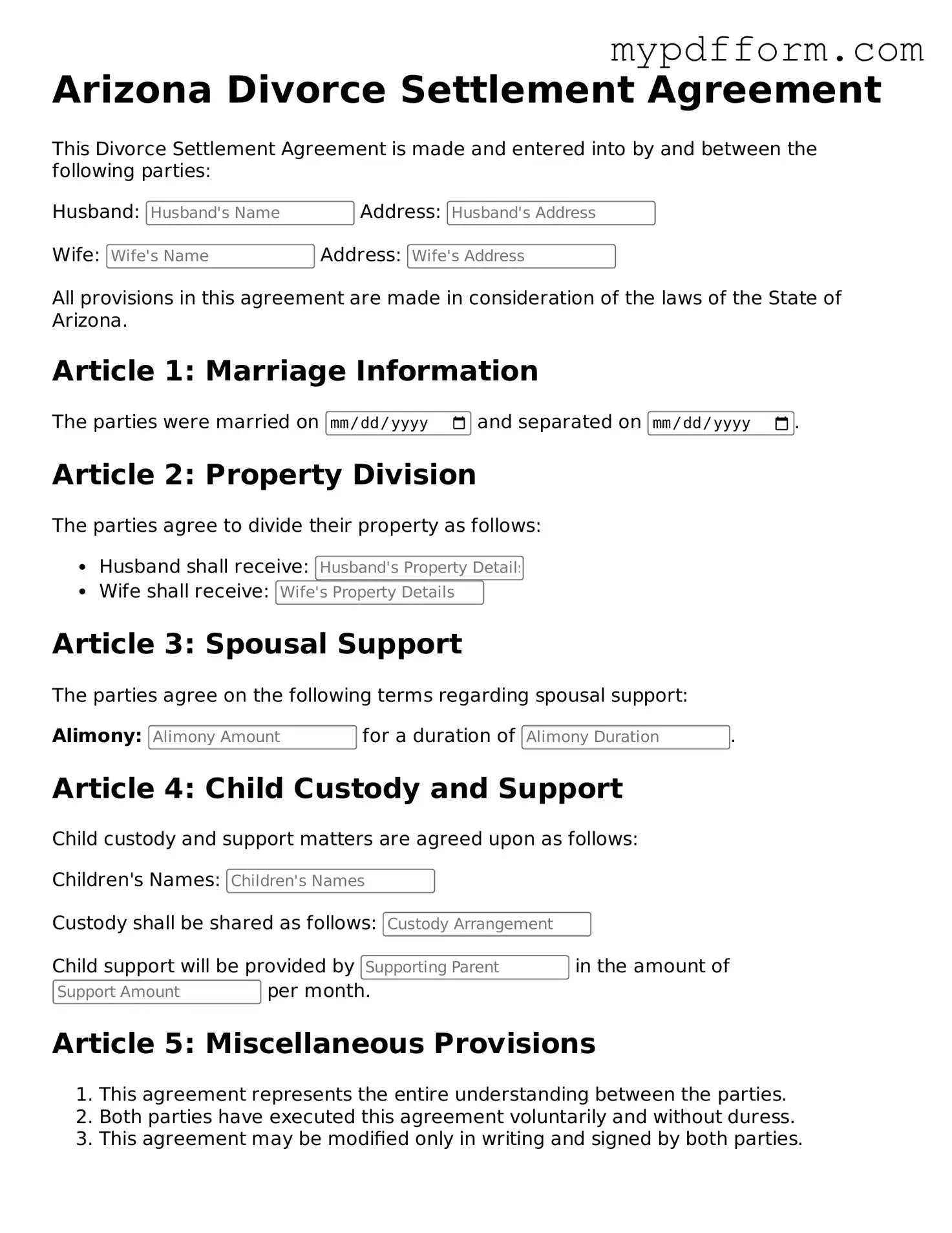 Valid  Divorce Settlement Agreement Template for Arizona