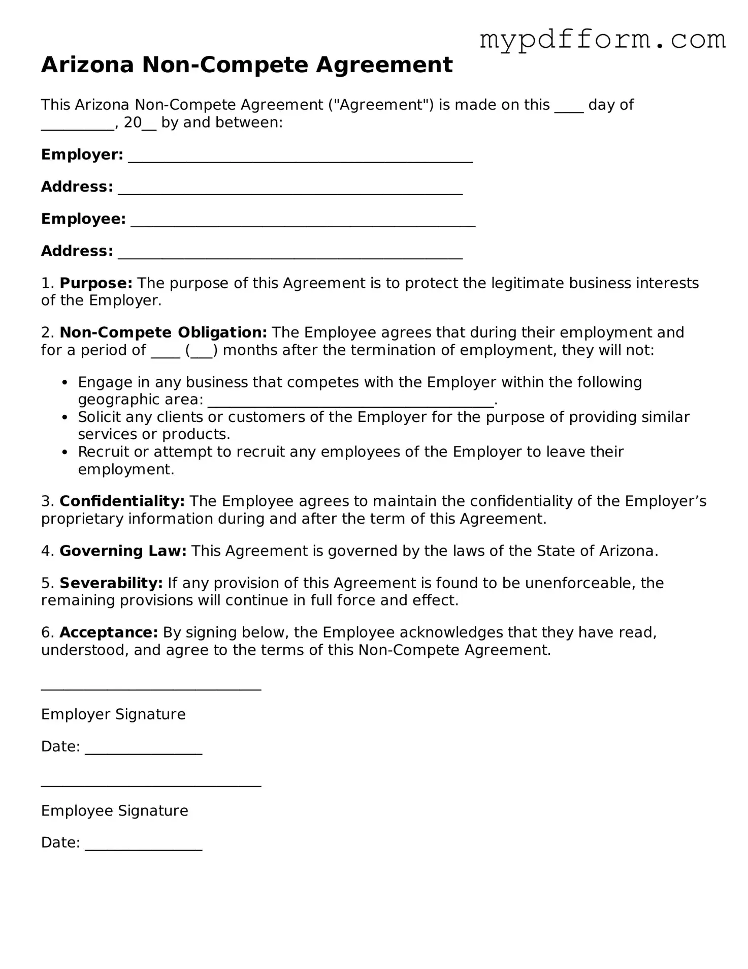 Valid  Non-compete Agreement Template for Arizona