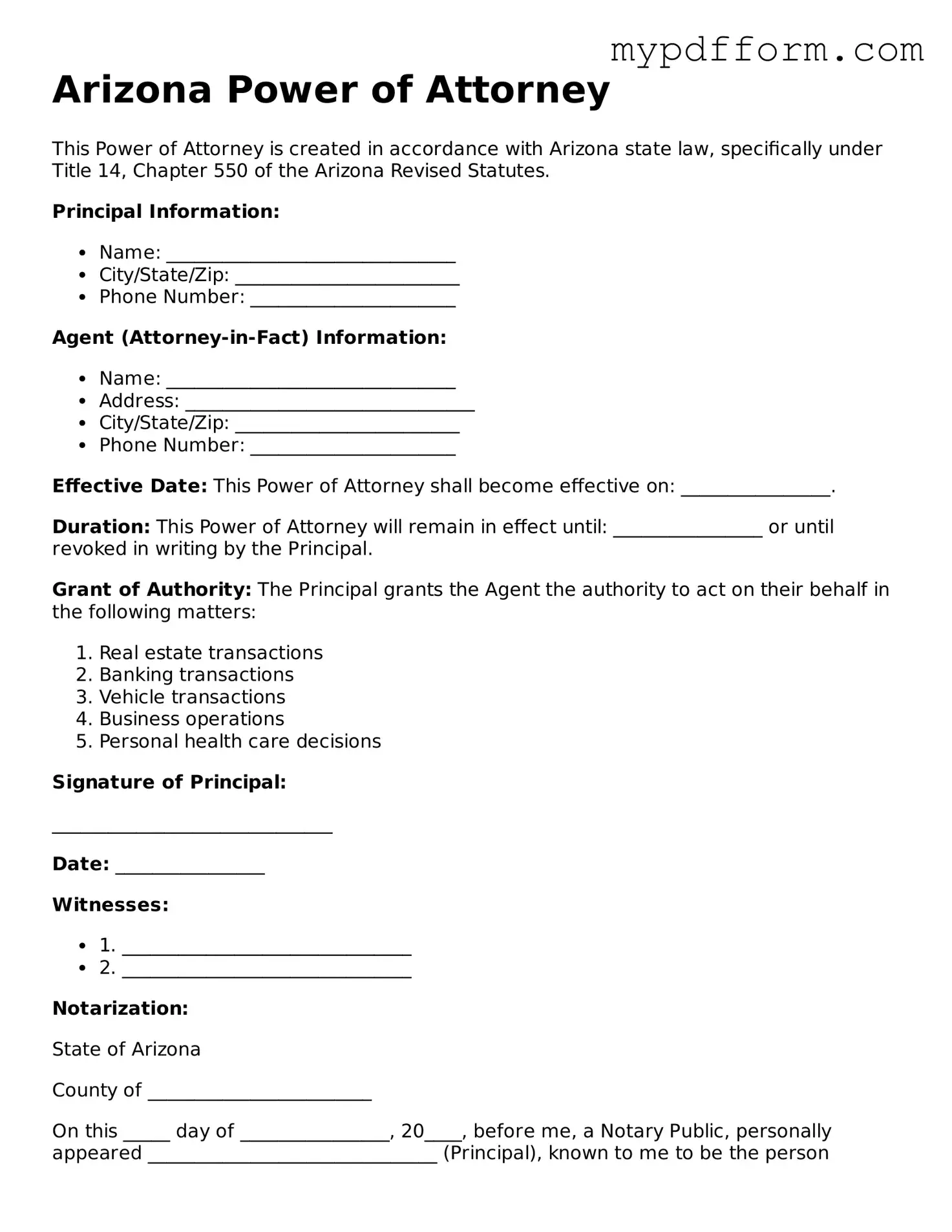 Valid  Power of Attorney Template for Arizona