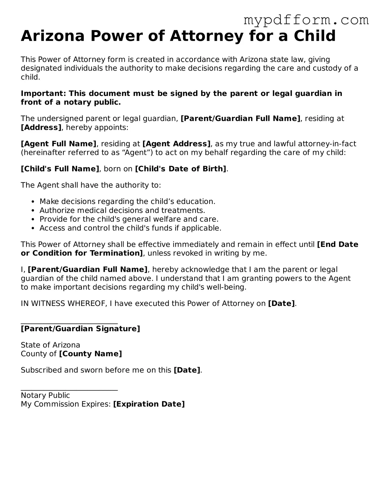 Valid  Power of Attorney for a Child Template for Arizona