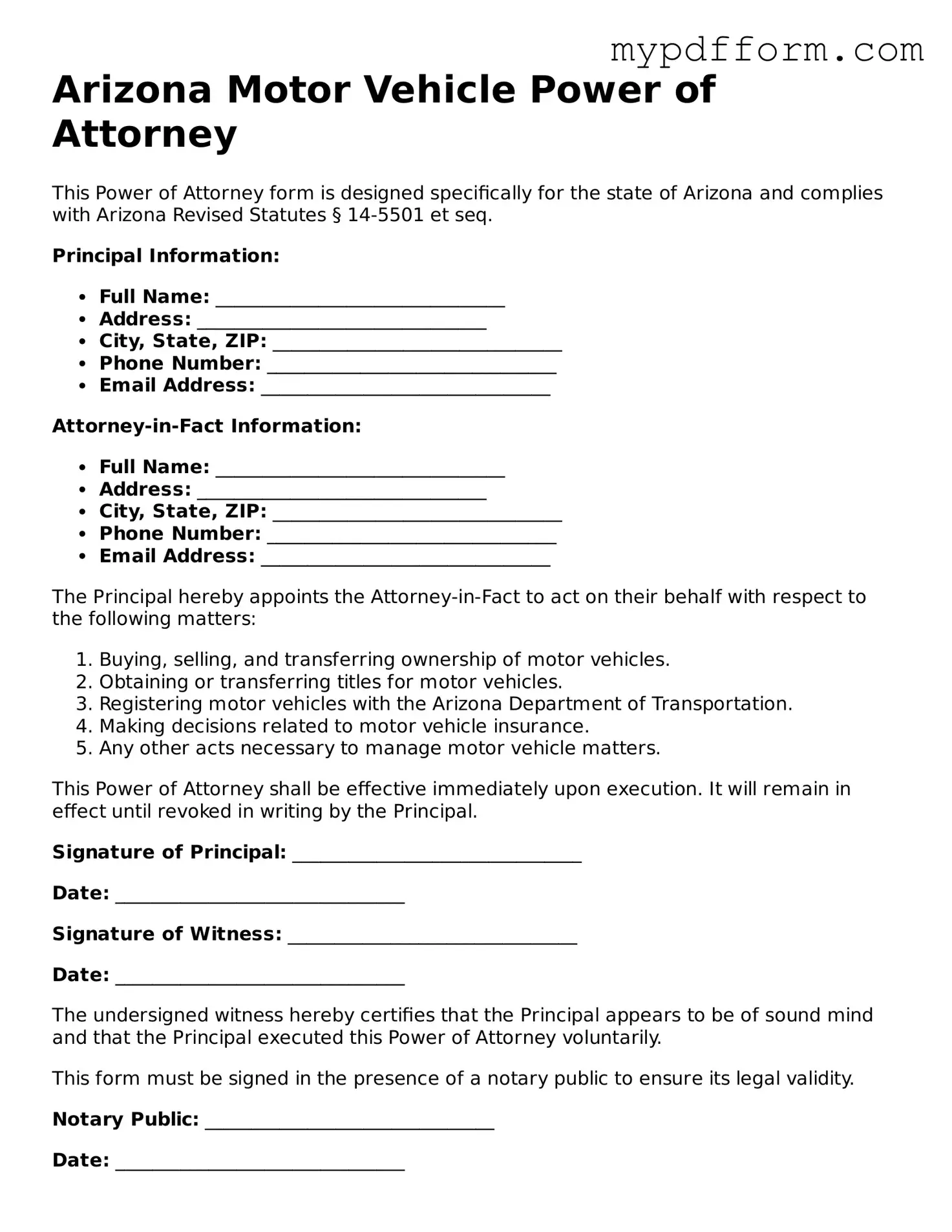 Valid  Motor Vehicle Power of Attorney Template for Arizona