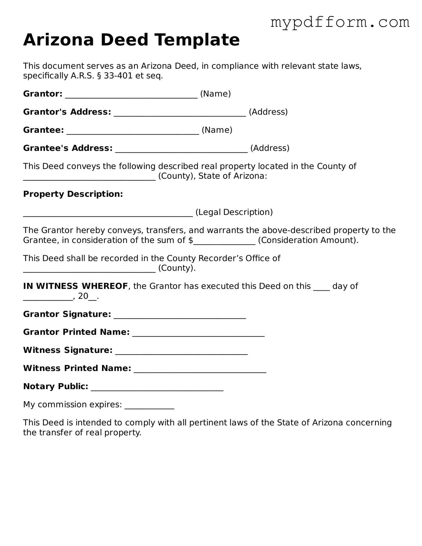 Valid  Deed Template for Arizona
