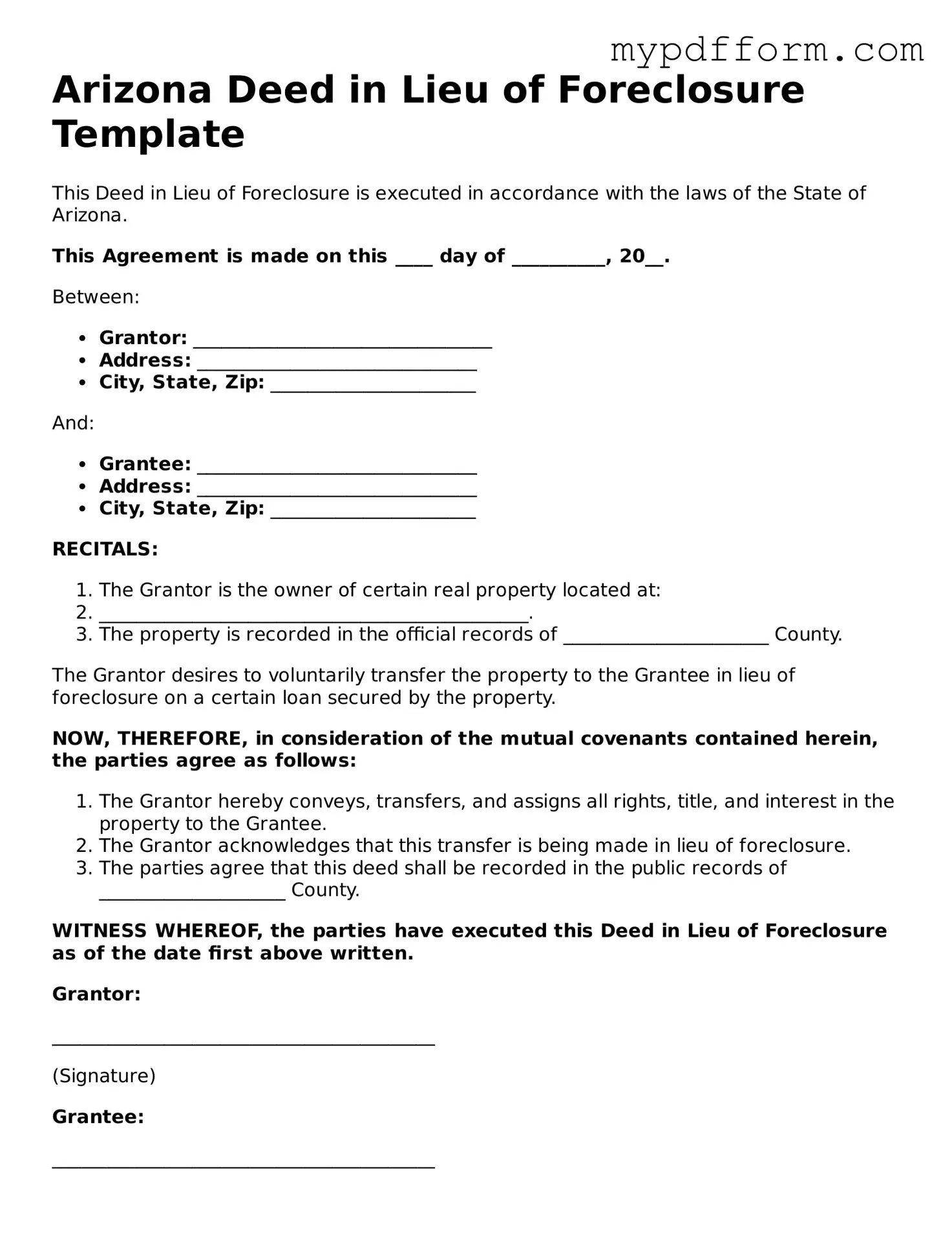 Valid  Deed in Lieu of Foreclosure Template for Arizona