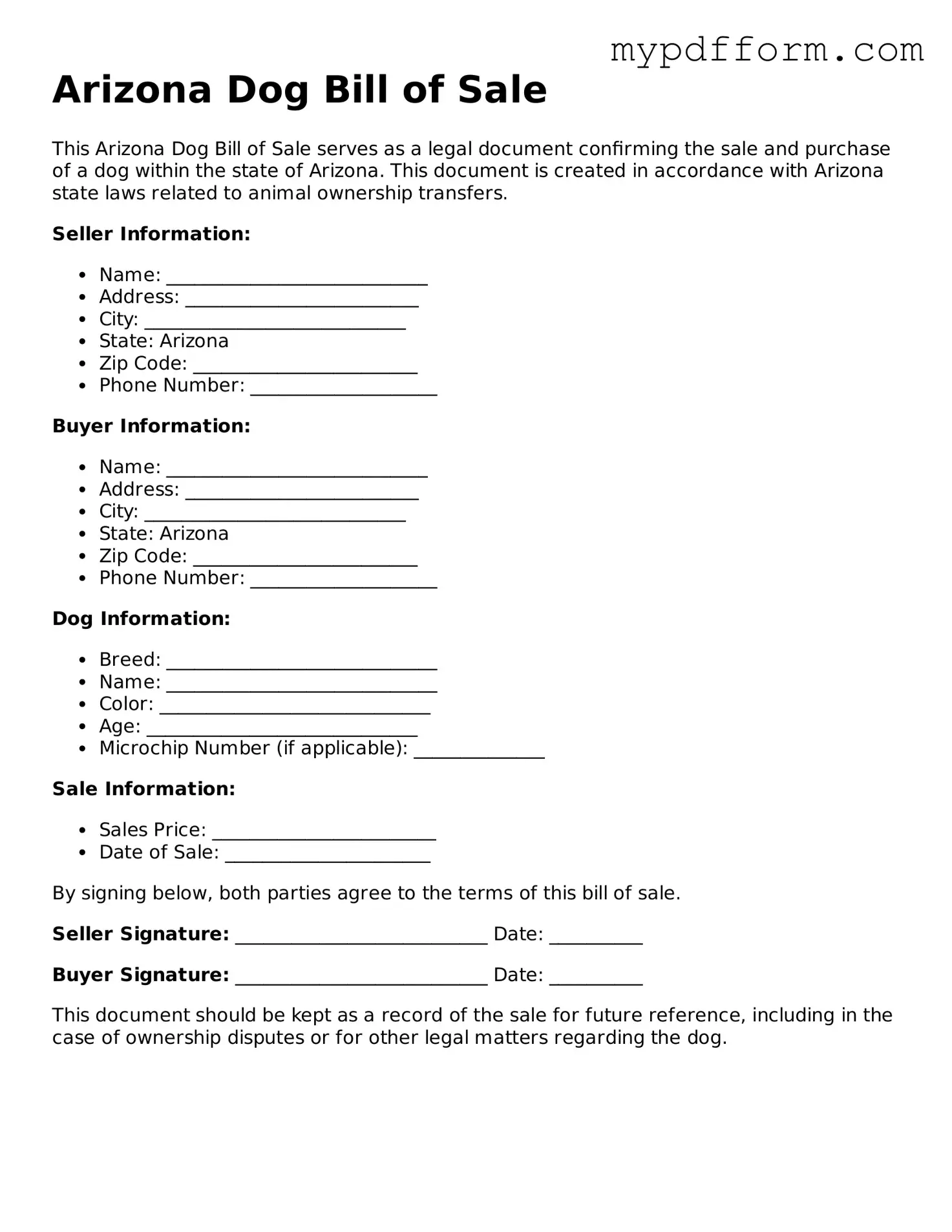 Valid  Dog Bill of Sale Template for Arizona