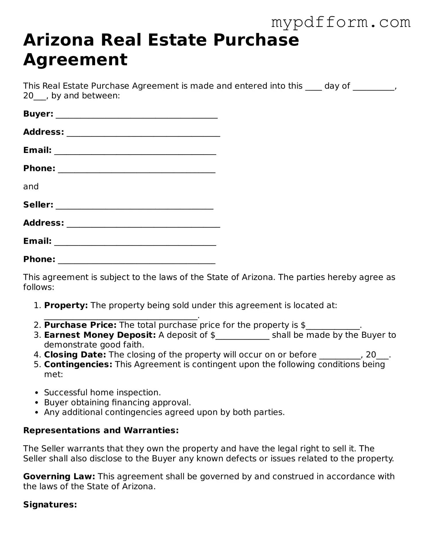 Valid  Real Estate Purchase Agreement Template for Arizona
