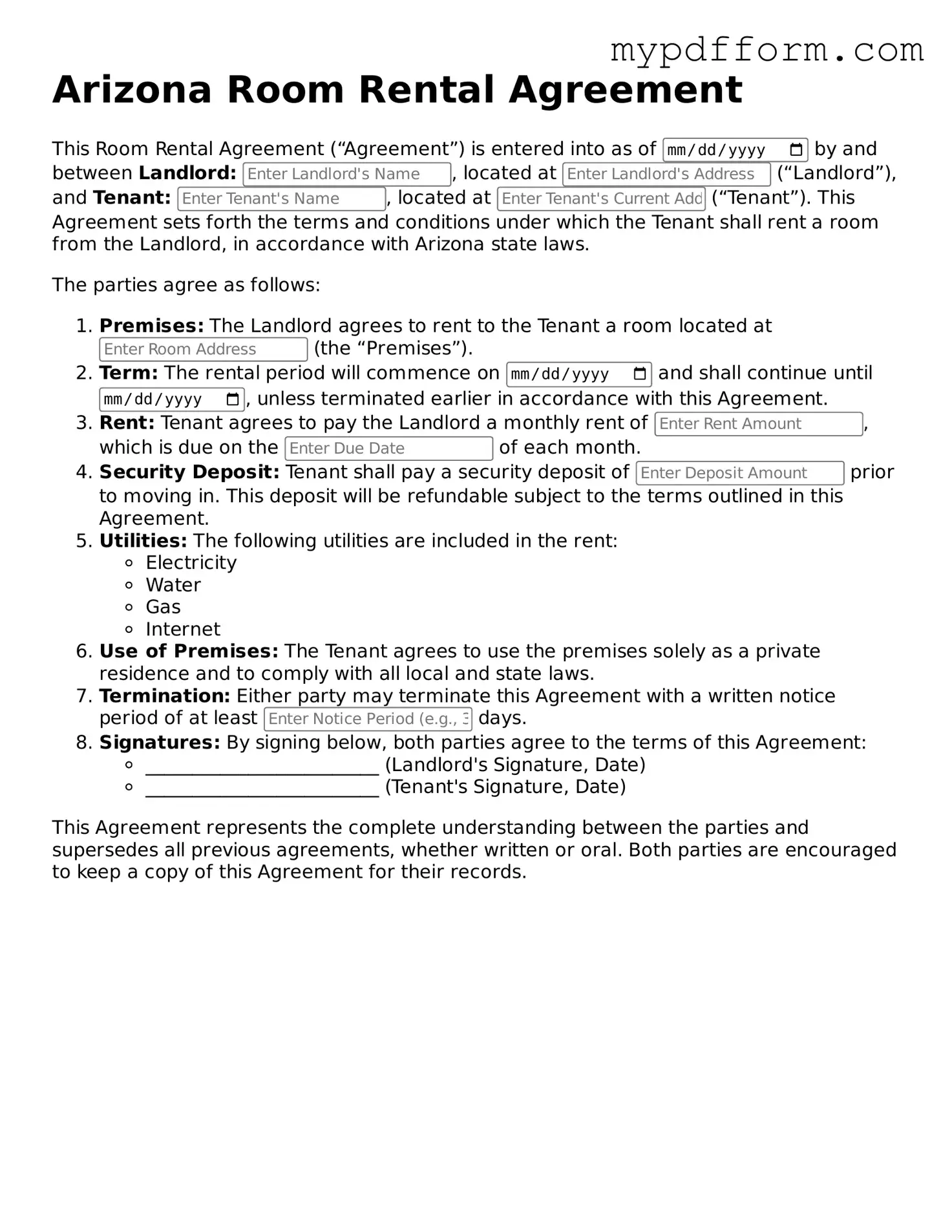 Valid  Room Rental Agreement Template for Arizona