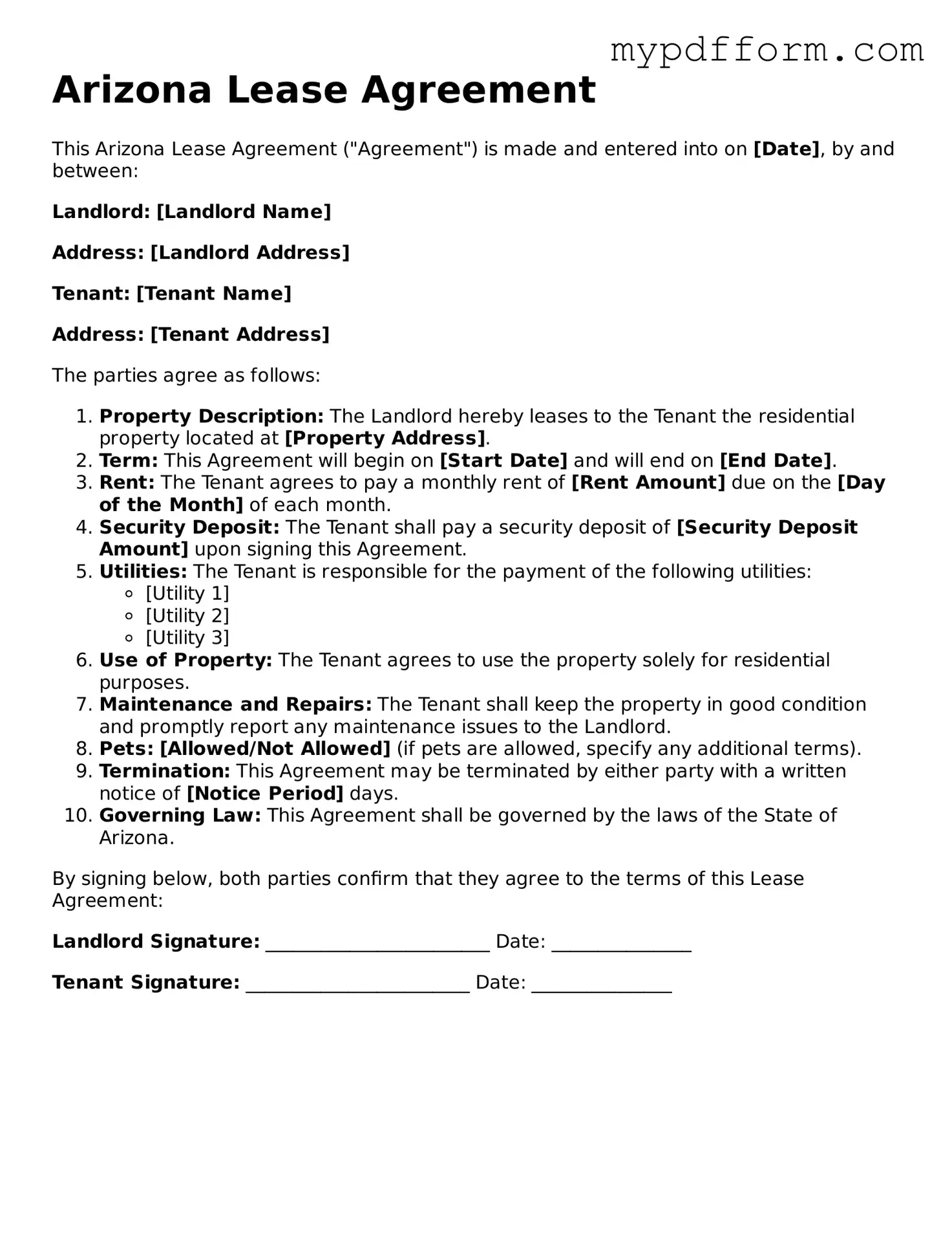Valid  Lease Agreement Template for Arizona