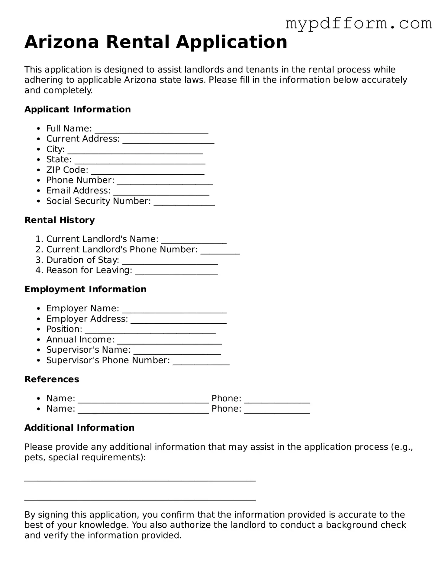Valid  Rental Application Template for Arizona