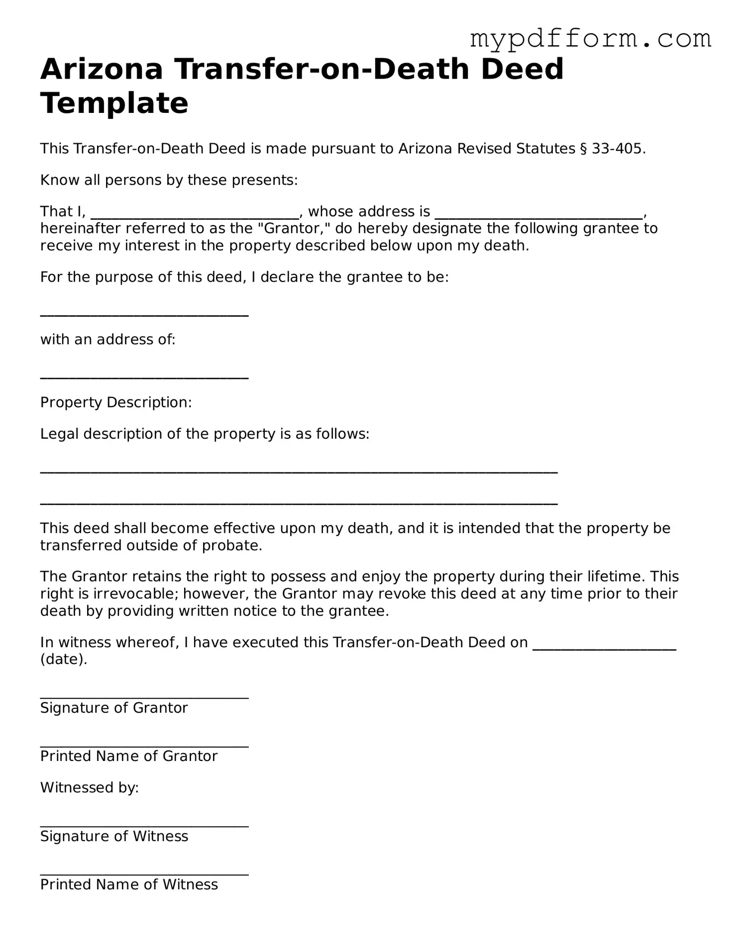 Valid  Transfer-on-Death Deed Template for Arizona