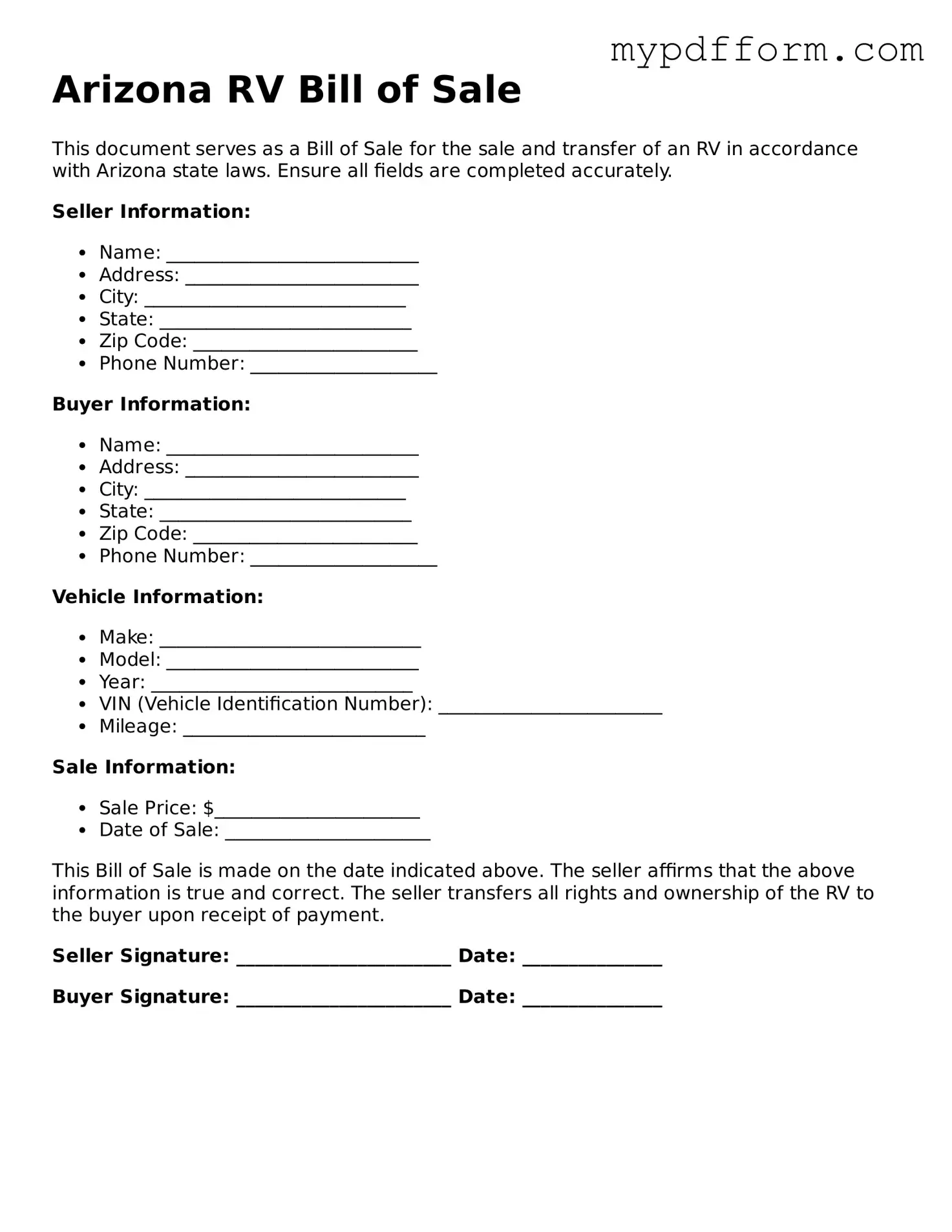 Valid  RV Bill of Sale Template for Arizona
