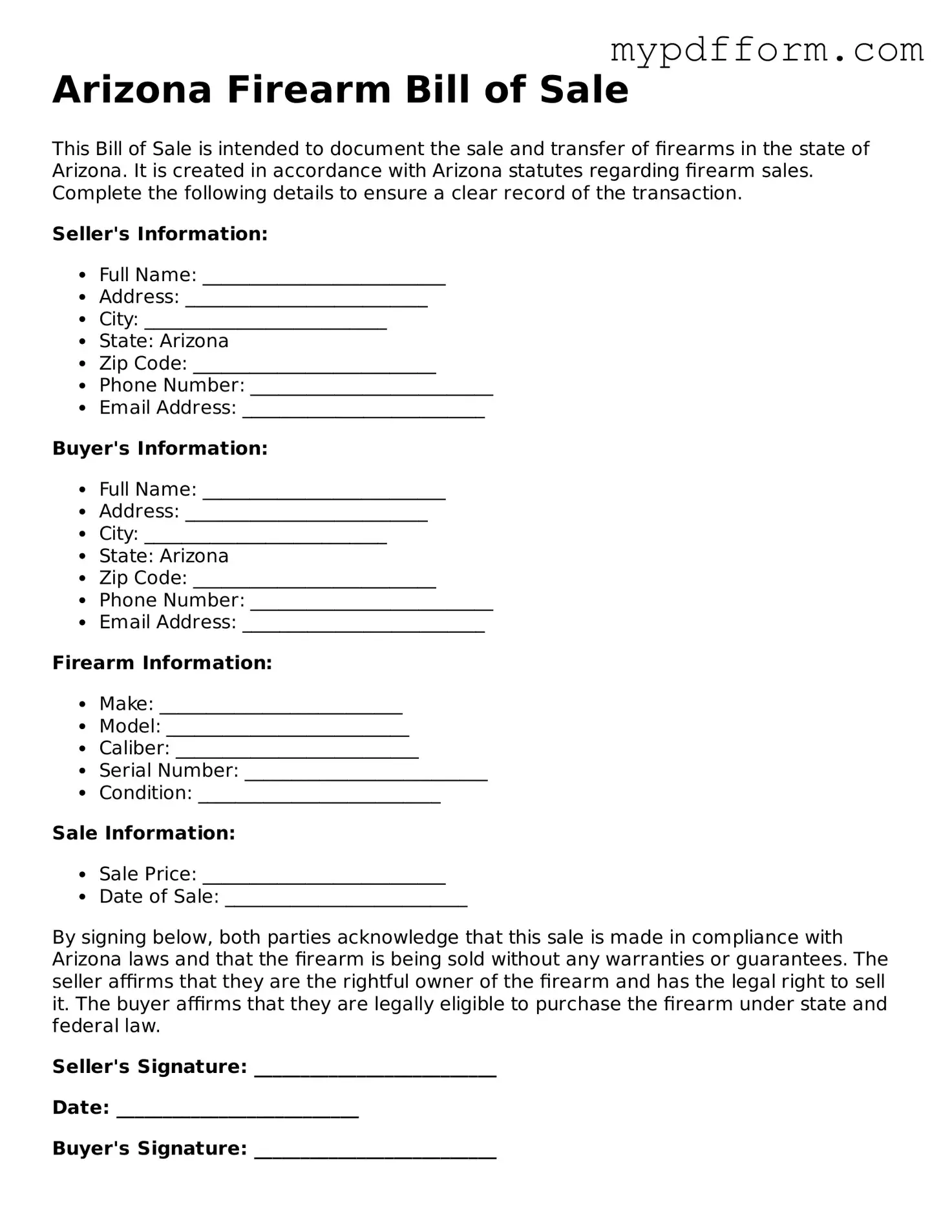 Valid  Firearm Bill of Sale Template for Arizona