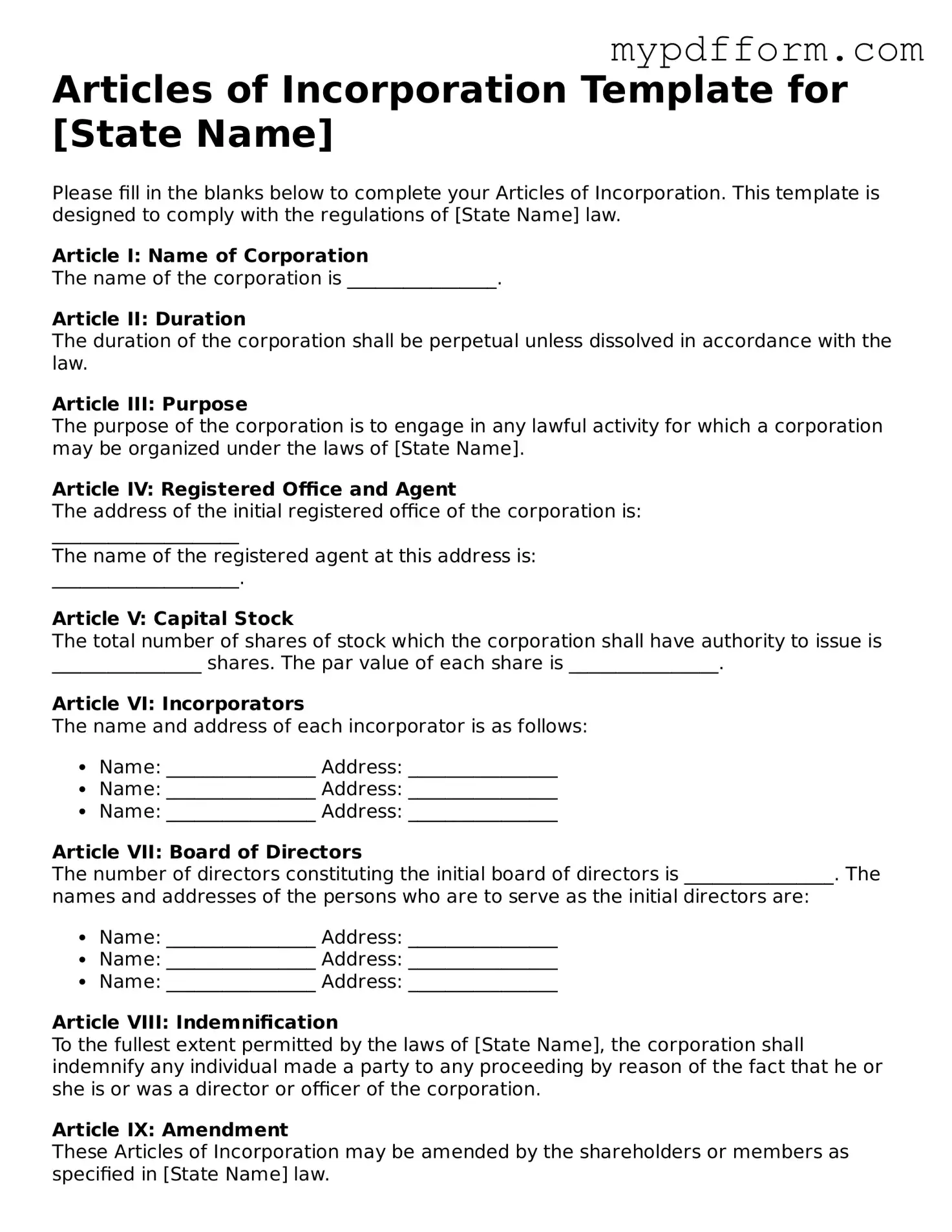 Fillable Articles of Incorporation Document