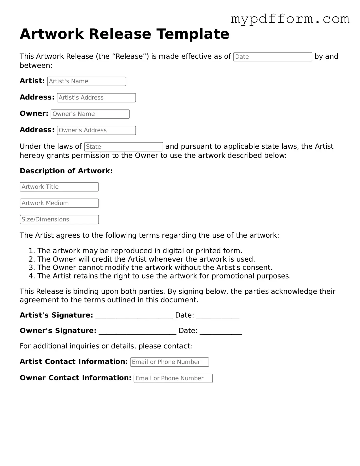 Fillable Artwork Release Document