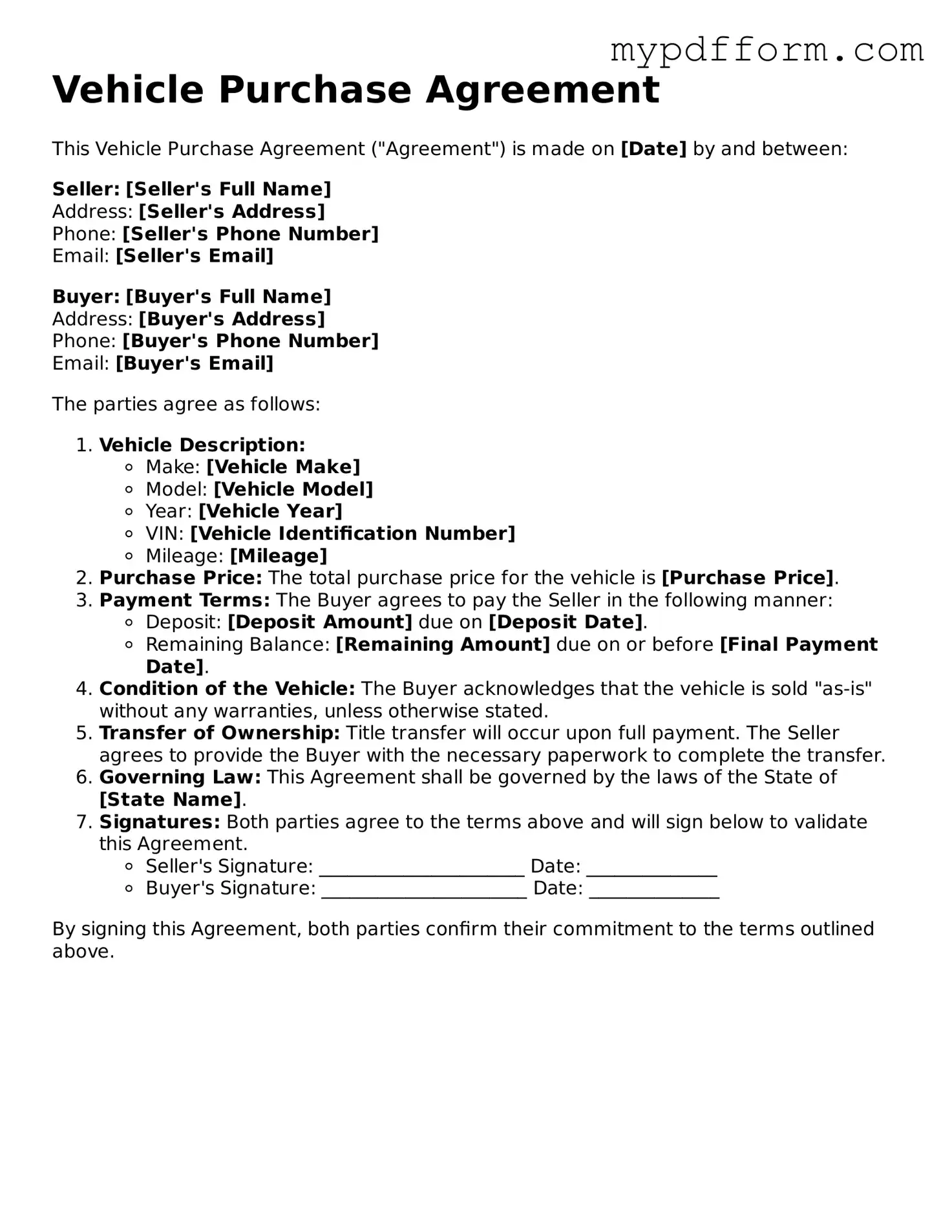 Fillable Vehicle Purchase Agreement Document