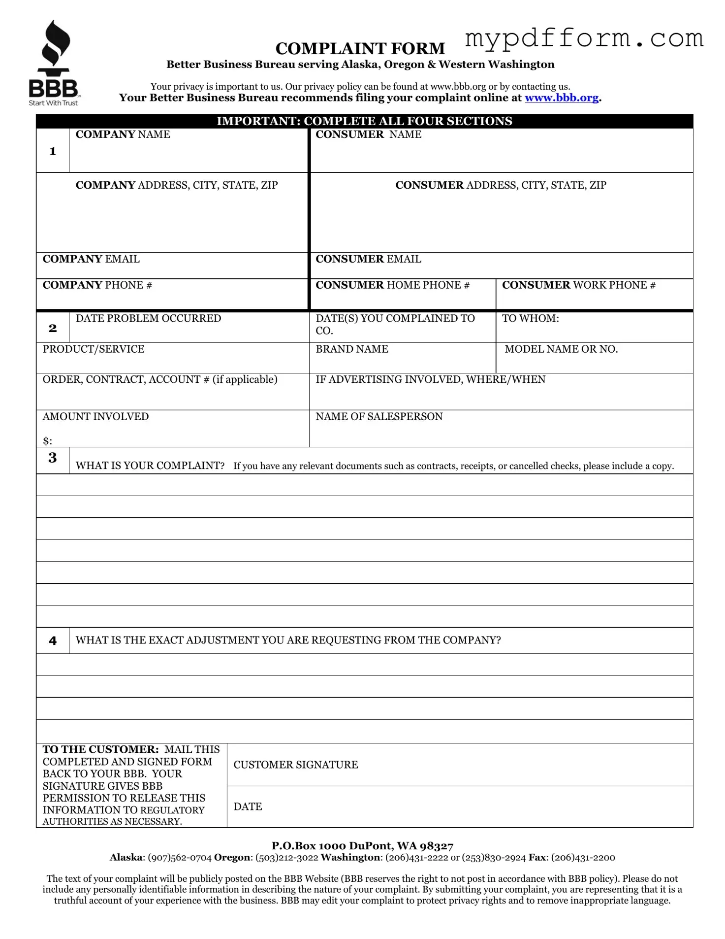 Fill in Your Bbb Complaint Form