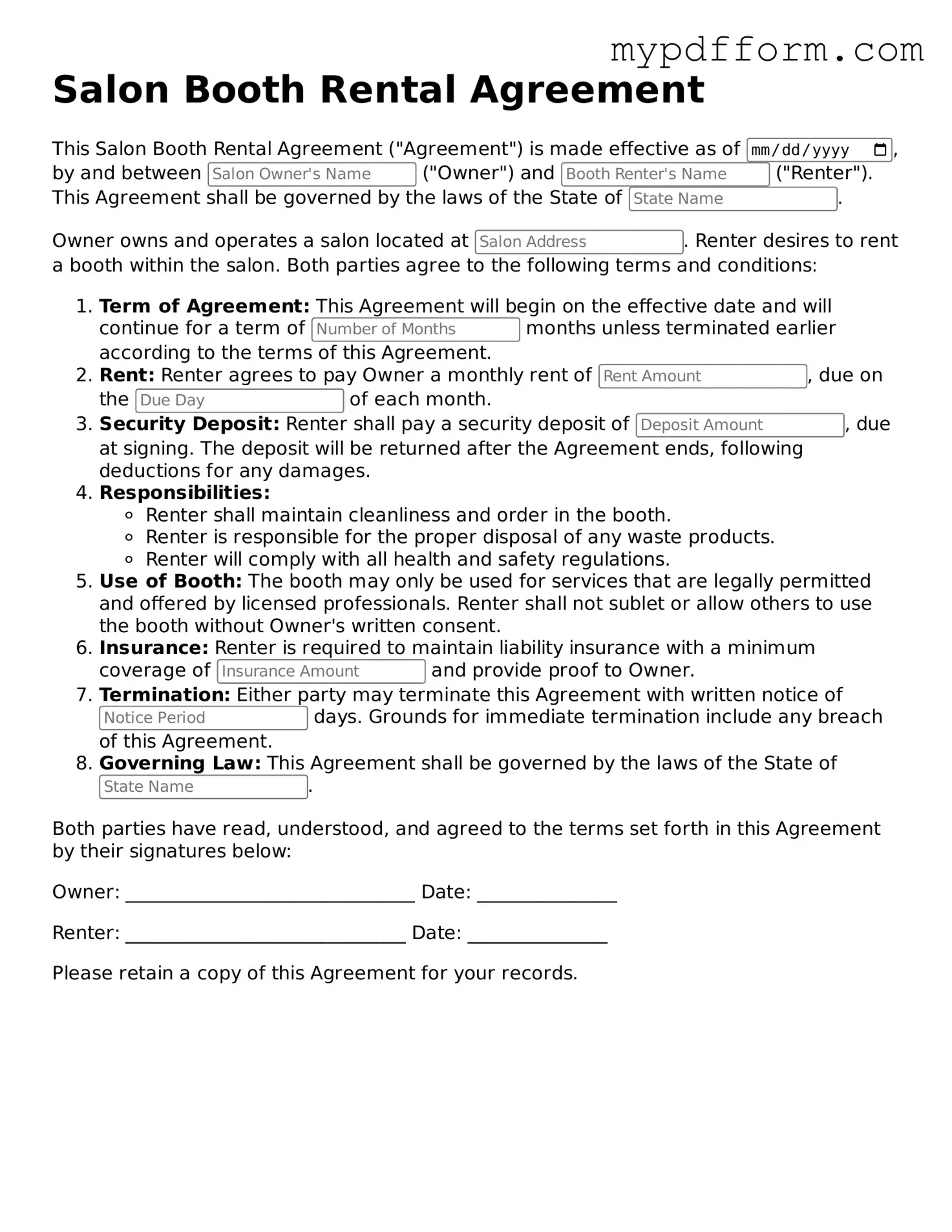 Fillable Salon Booth Rental Agreement Document