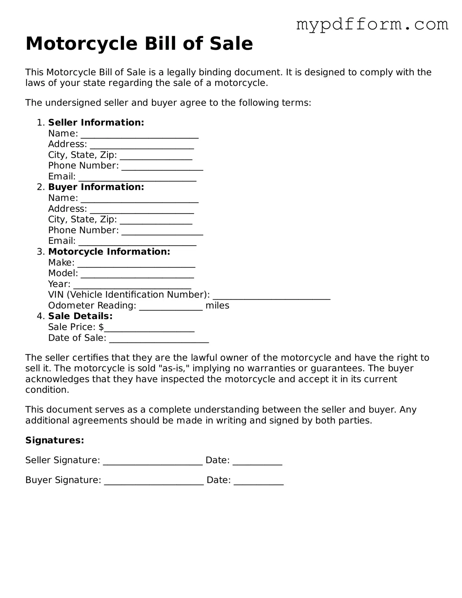 Fillable Motorcycle Bill of Sale Document