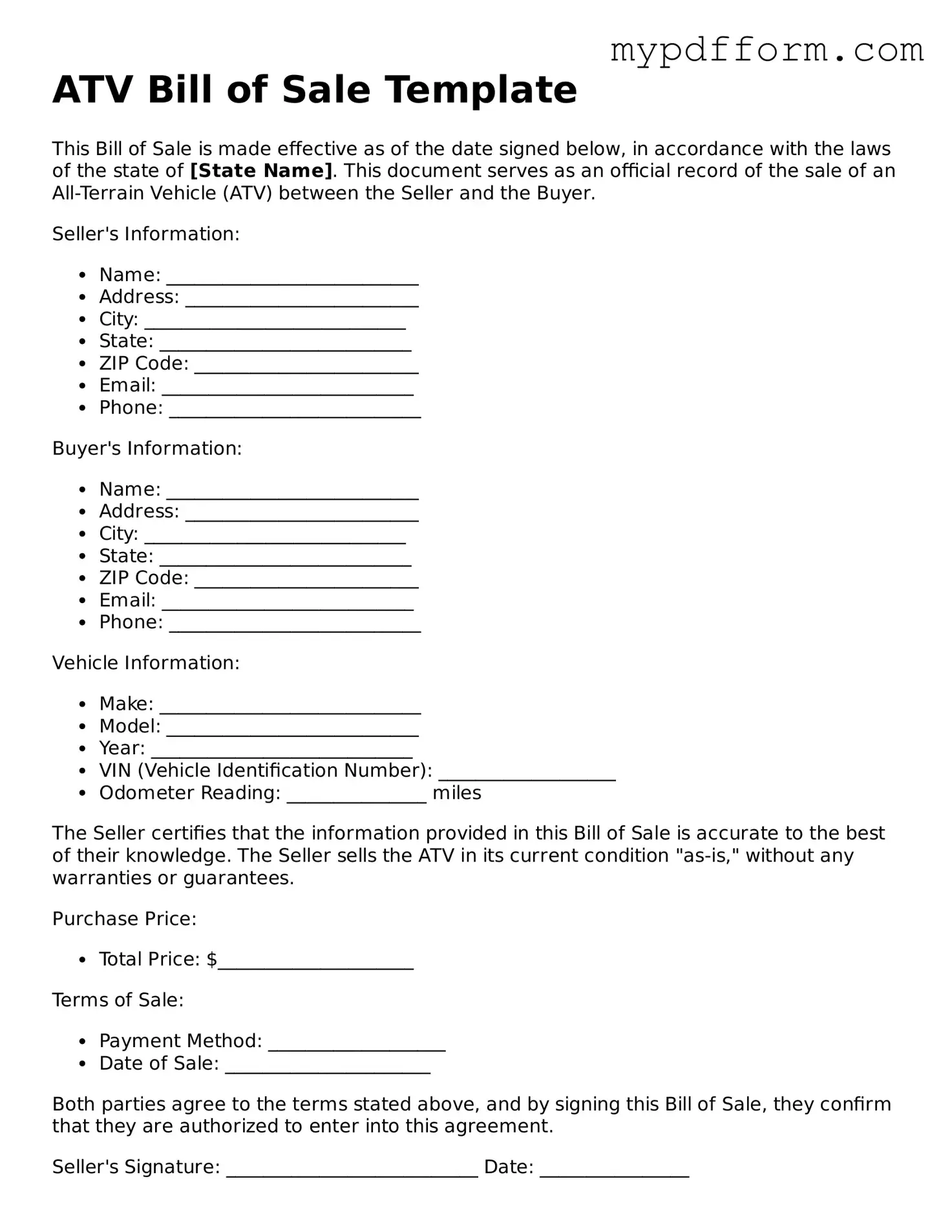 Fillable ATV Bill of Sale Document