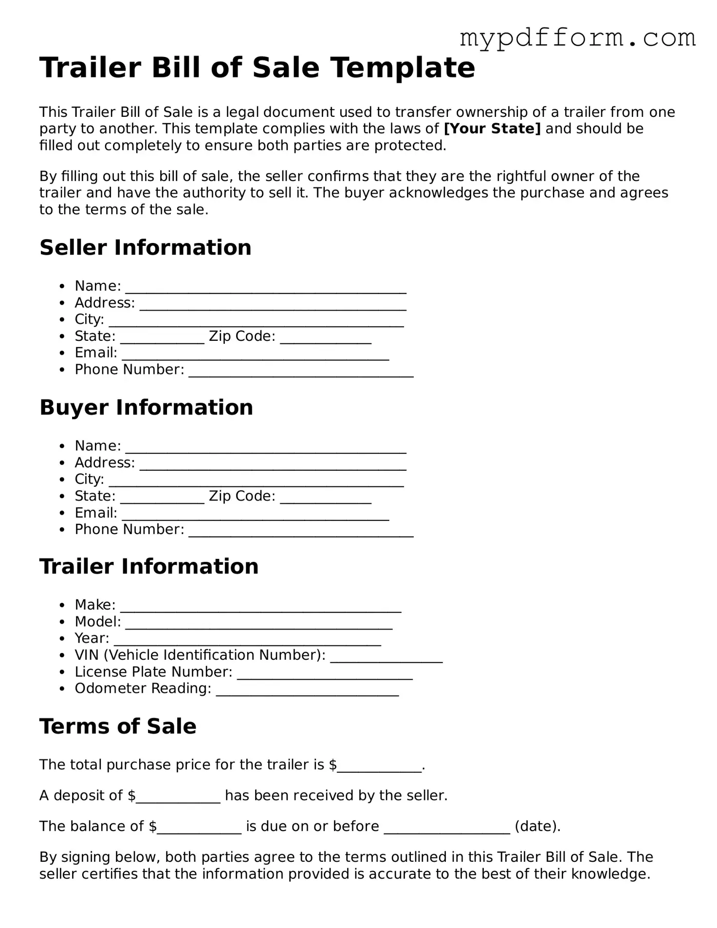 Fillable Trailer Bill of Sale Document