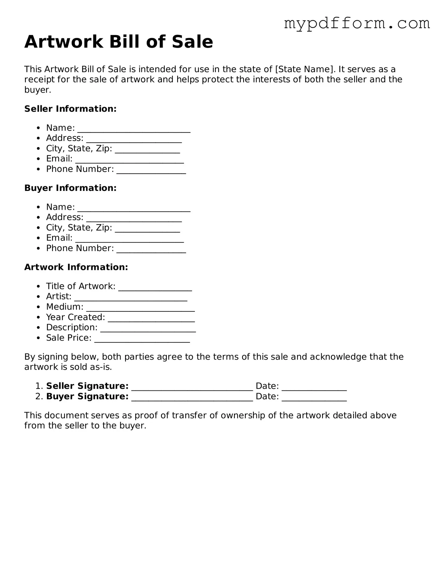 Fillable Artwork Bill of Sale Document